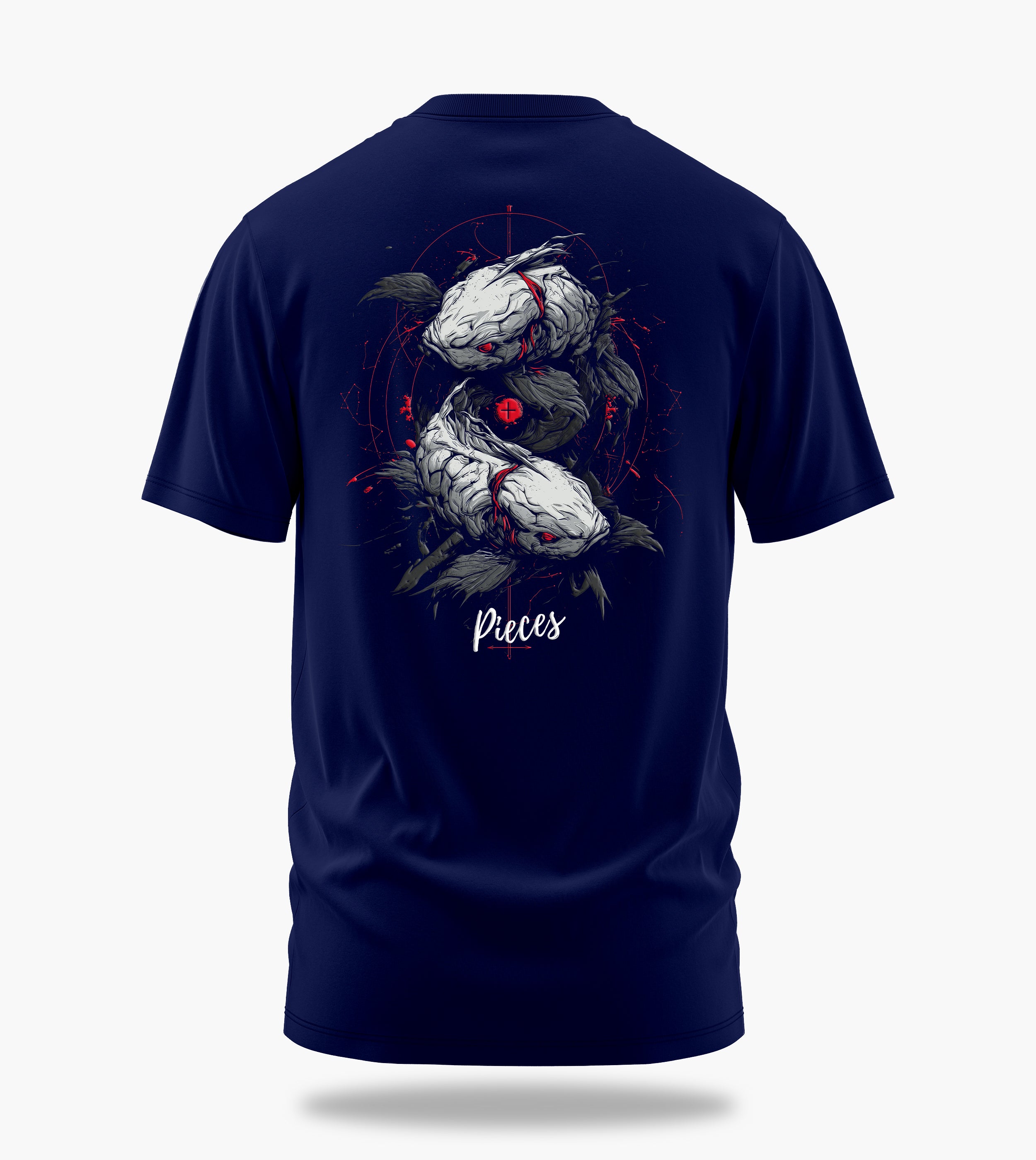 cosmic zodiac warrior pisces backprint graphic t-shirt, navy blue, back view