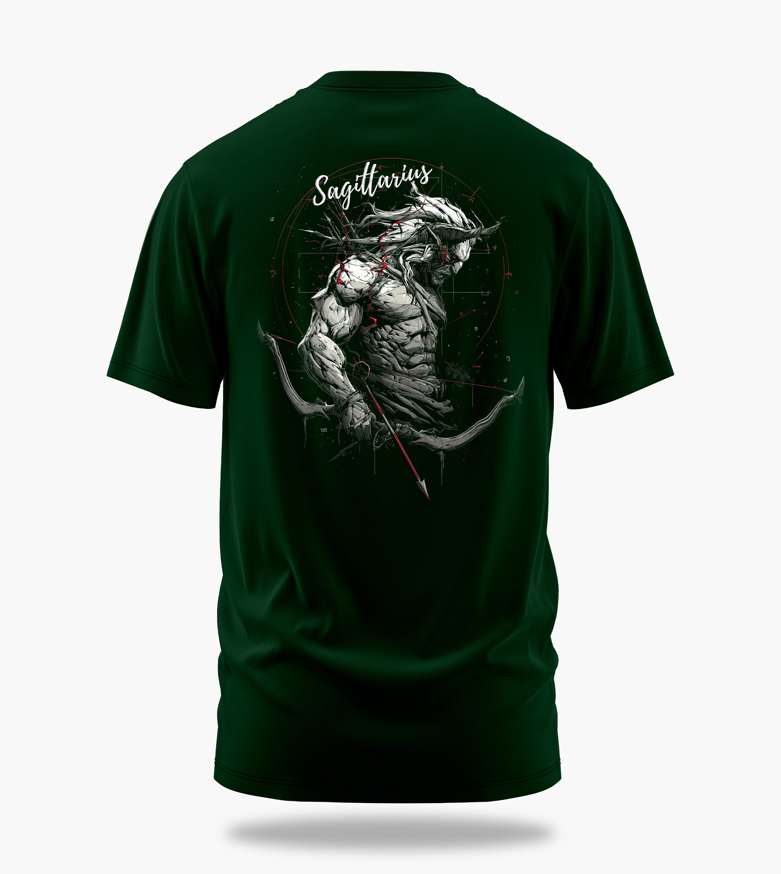 cosmic zodiac warrior sagittarius backprint graphic t-shirt, dark green, back view