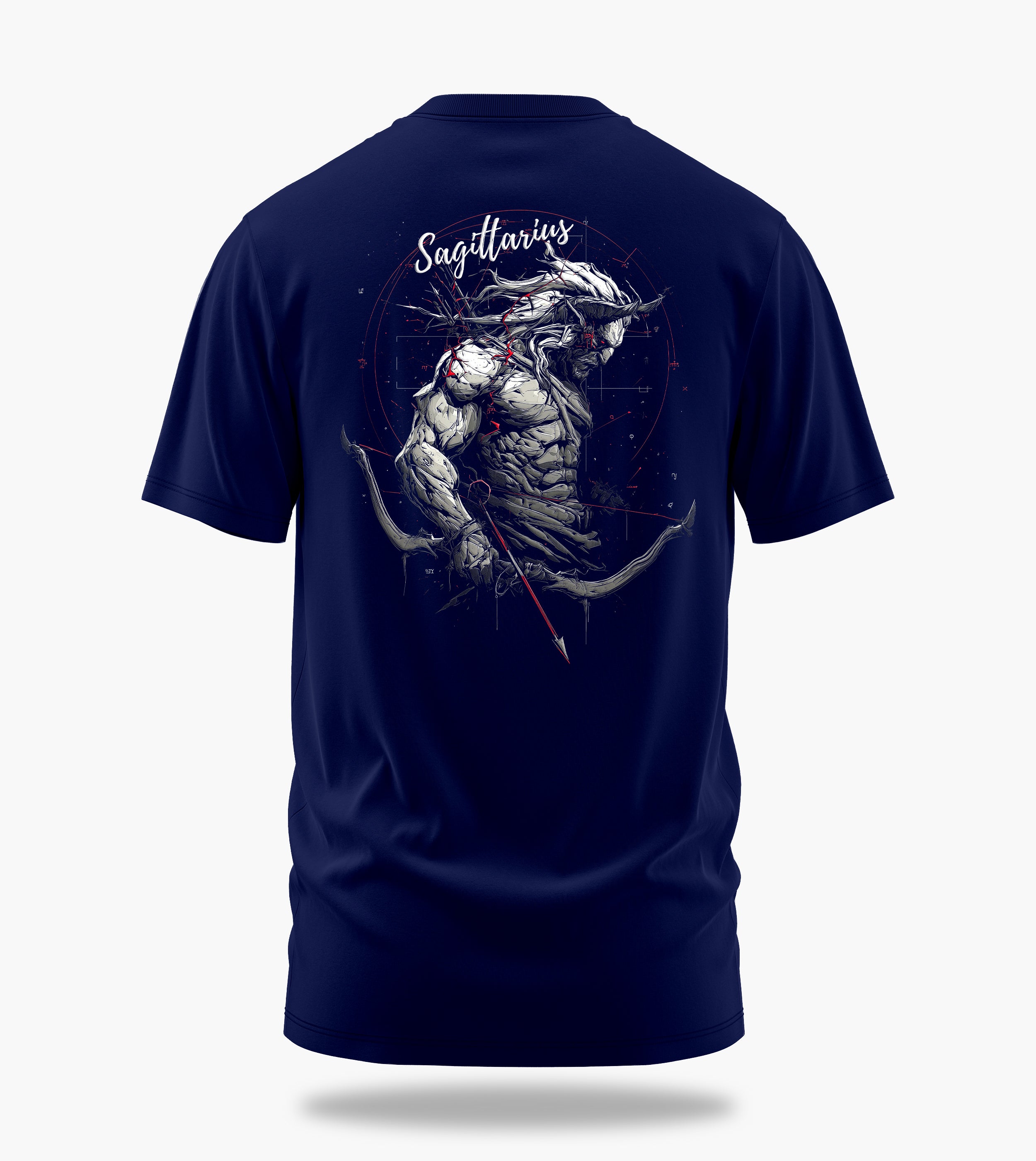 cosmic zodiac warrior sagittarius backprint graphic t-shirt, navy blue, back view