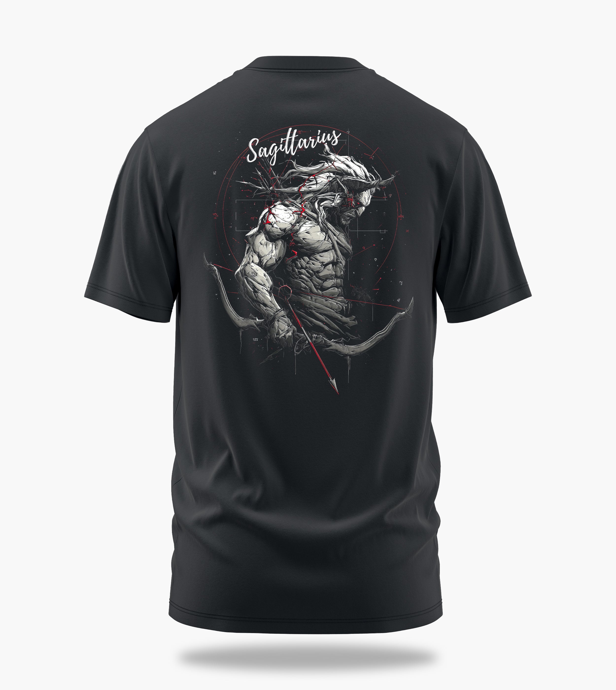 cosmic zodiac warrior sagittarius backprint graphic t-shirt, steel grey, back view