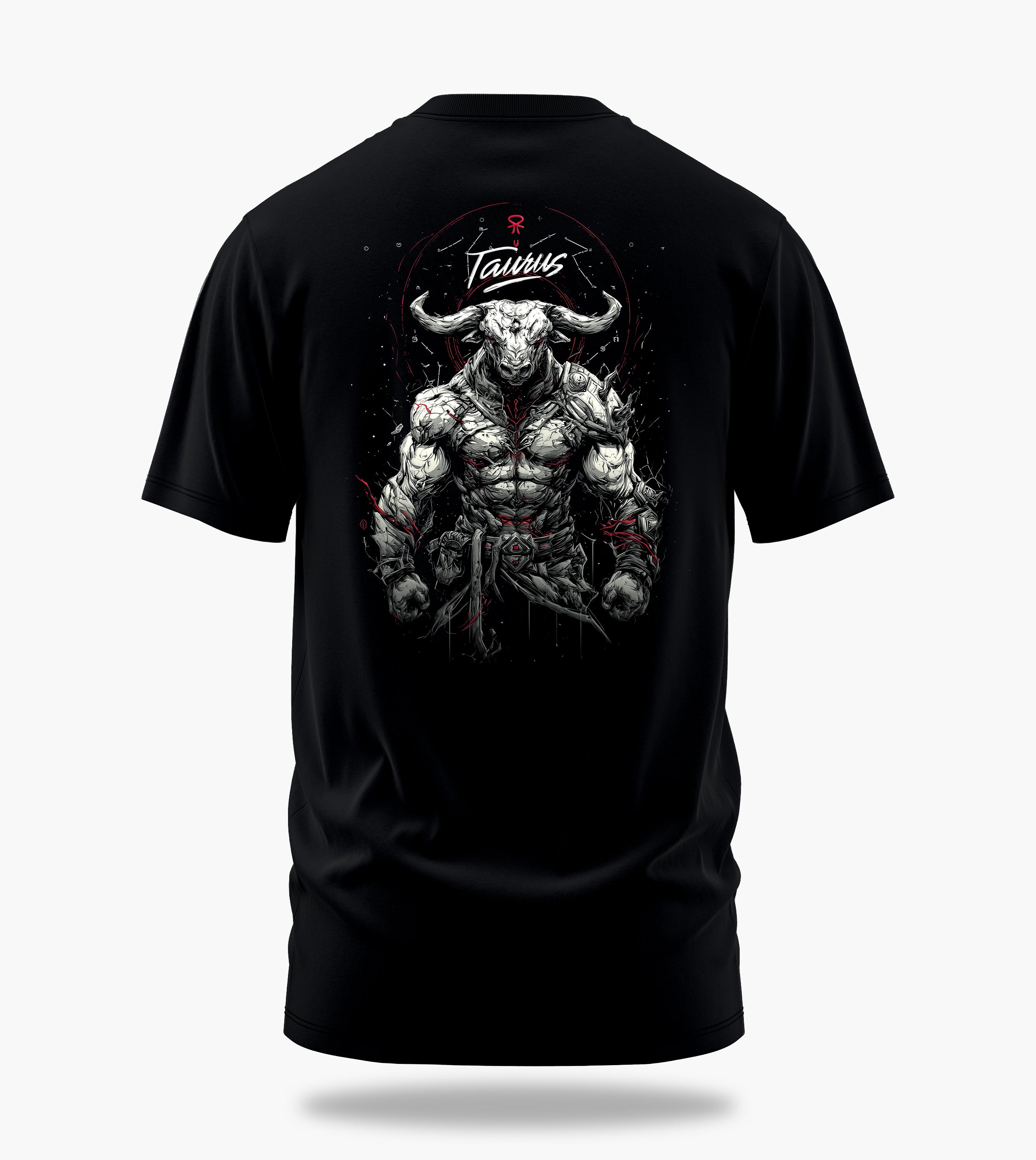cosmic zodiac warrior taurus backprint graphic t-shirt, black, back view