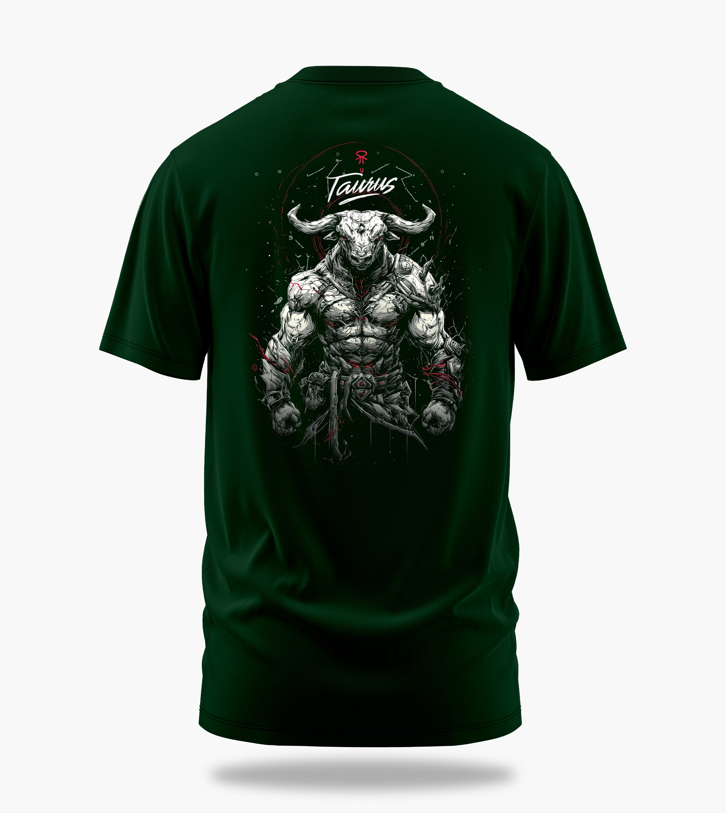 cosmic zodiac warrior taurus backprint graphic t-shirt, dark green, back view