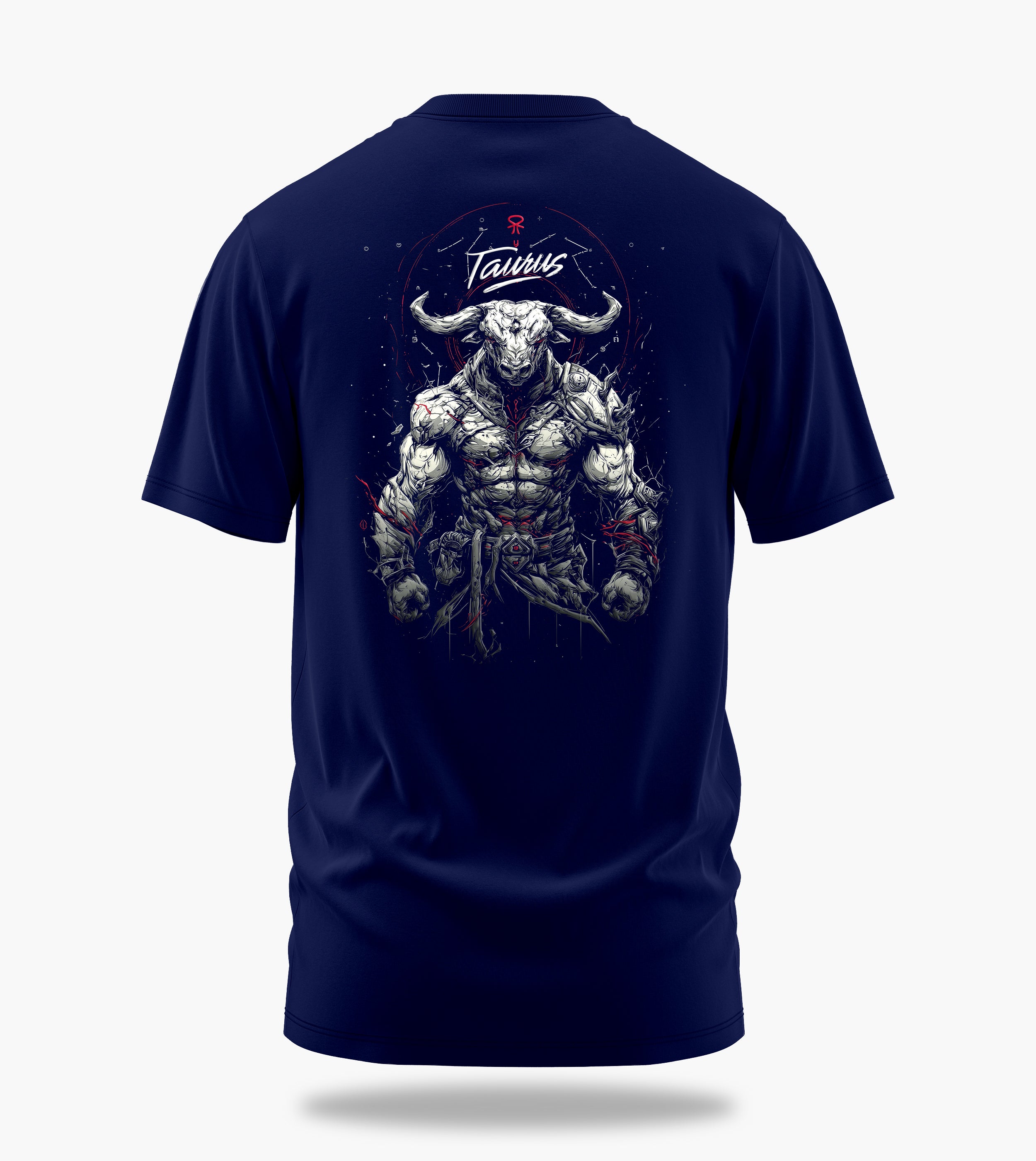 cosmic zodiac warrior taurus backprint graphic t-shirt, navy blue, back view
