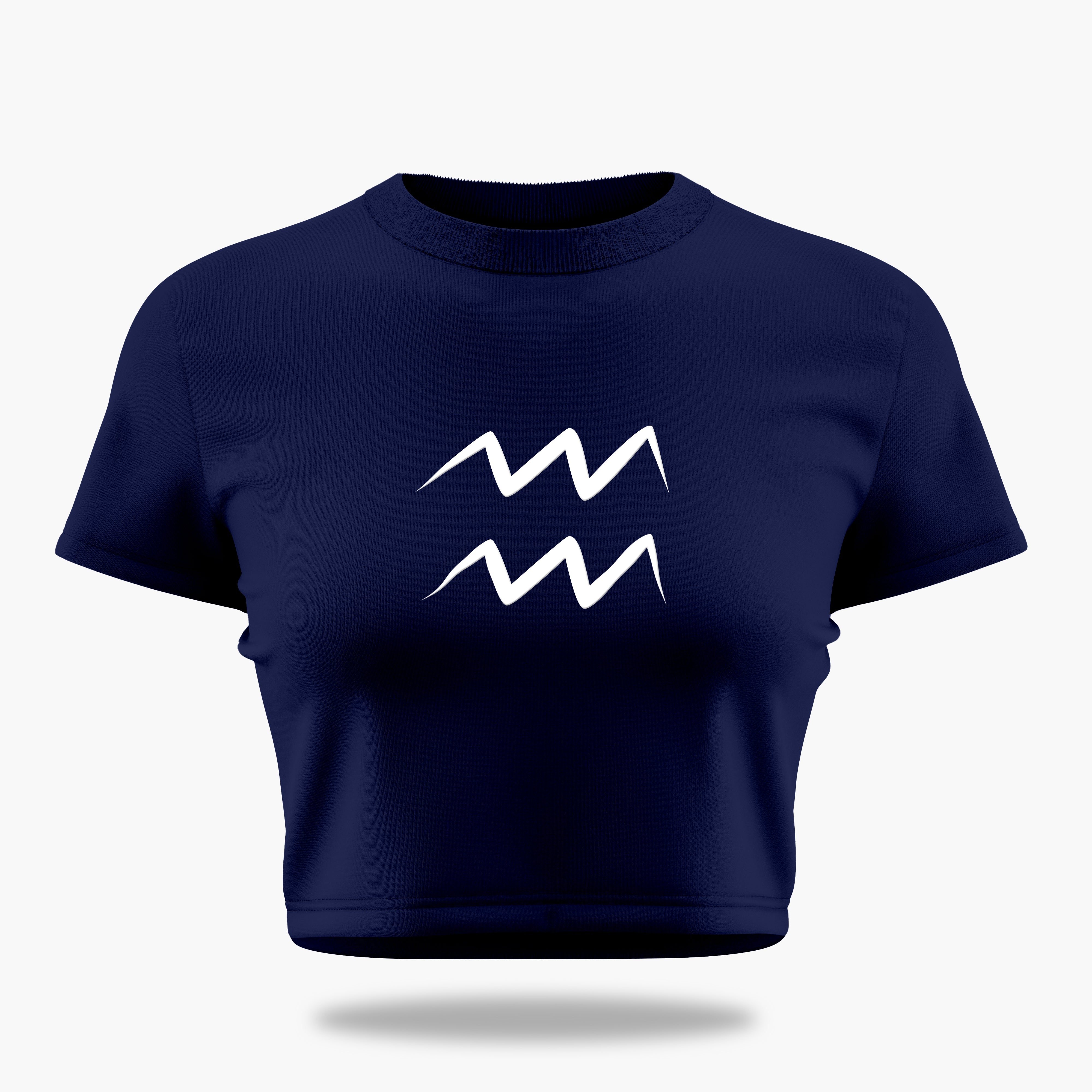 cosmic zodiac warrior aquarius crop top backprint graphic t-shirt, navy blue, front view