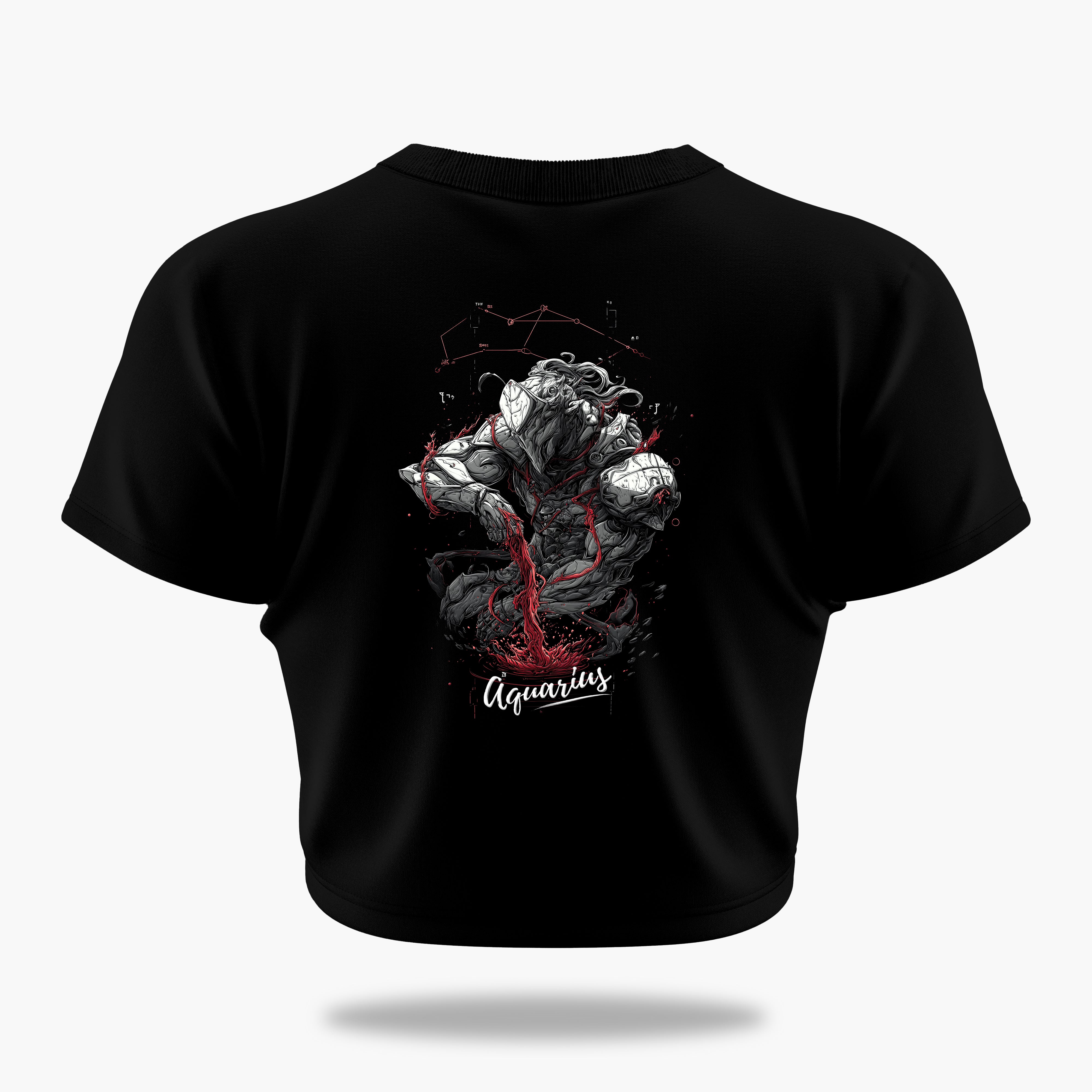 cosmic zodiac warrior aquarius crop top backprint graphic t-shirt, black, back view