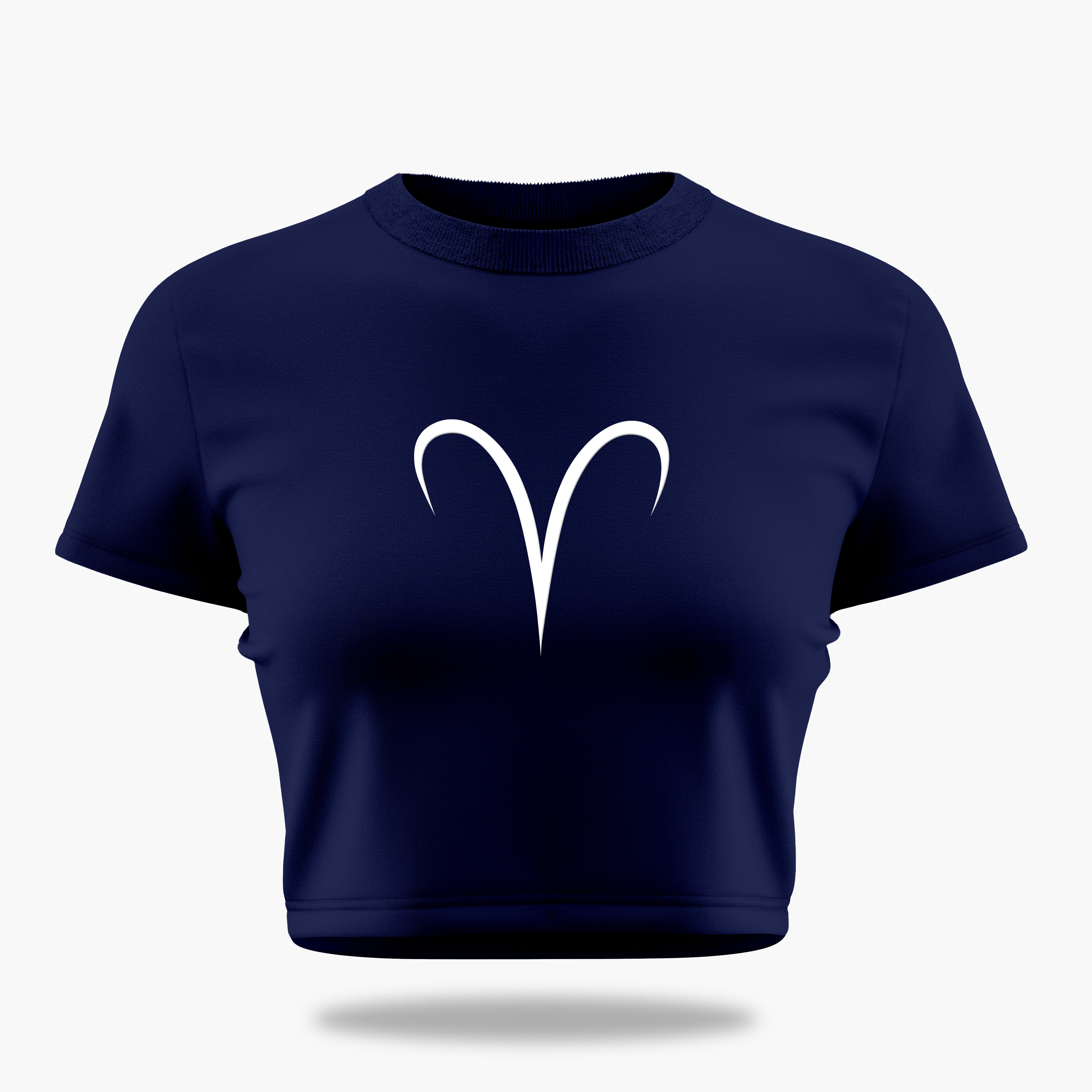 cosmic zodiac warrior aries crop top backprint graphic t-shirt, navy blue, front view