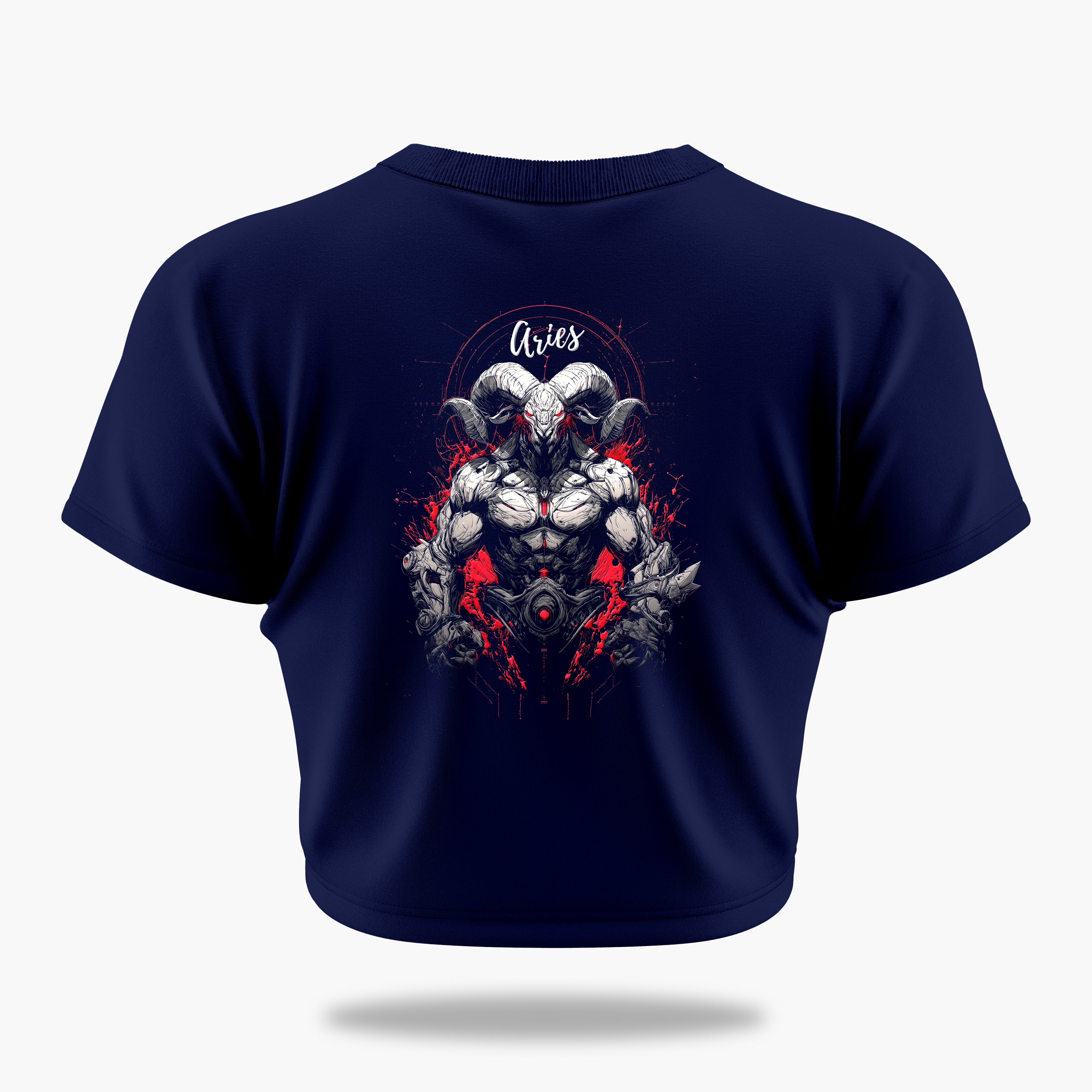 cosmic zodiac warrior aries crop top backprint graphic t-shirt, navy blue, back view