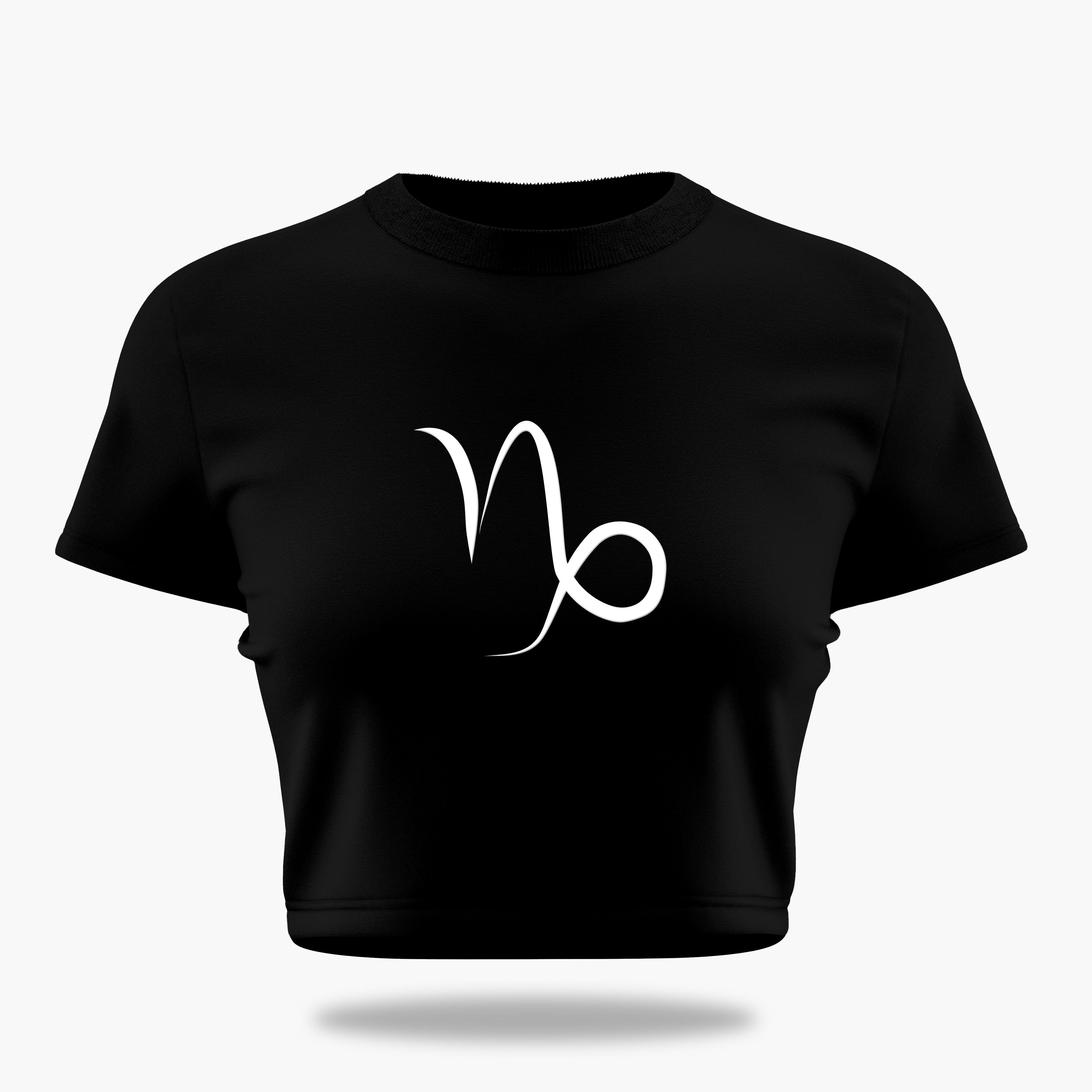 cosmic zodiac warrior capricorn crop top backprint graphic t-shirt, black, front view