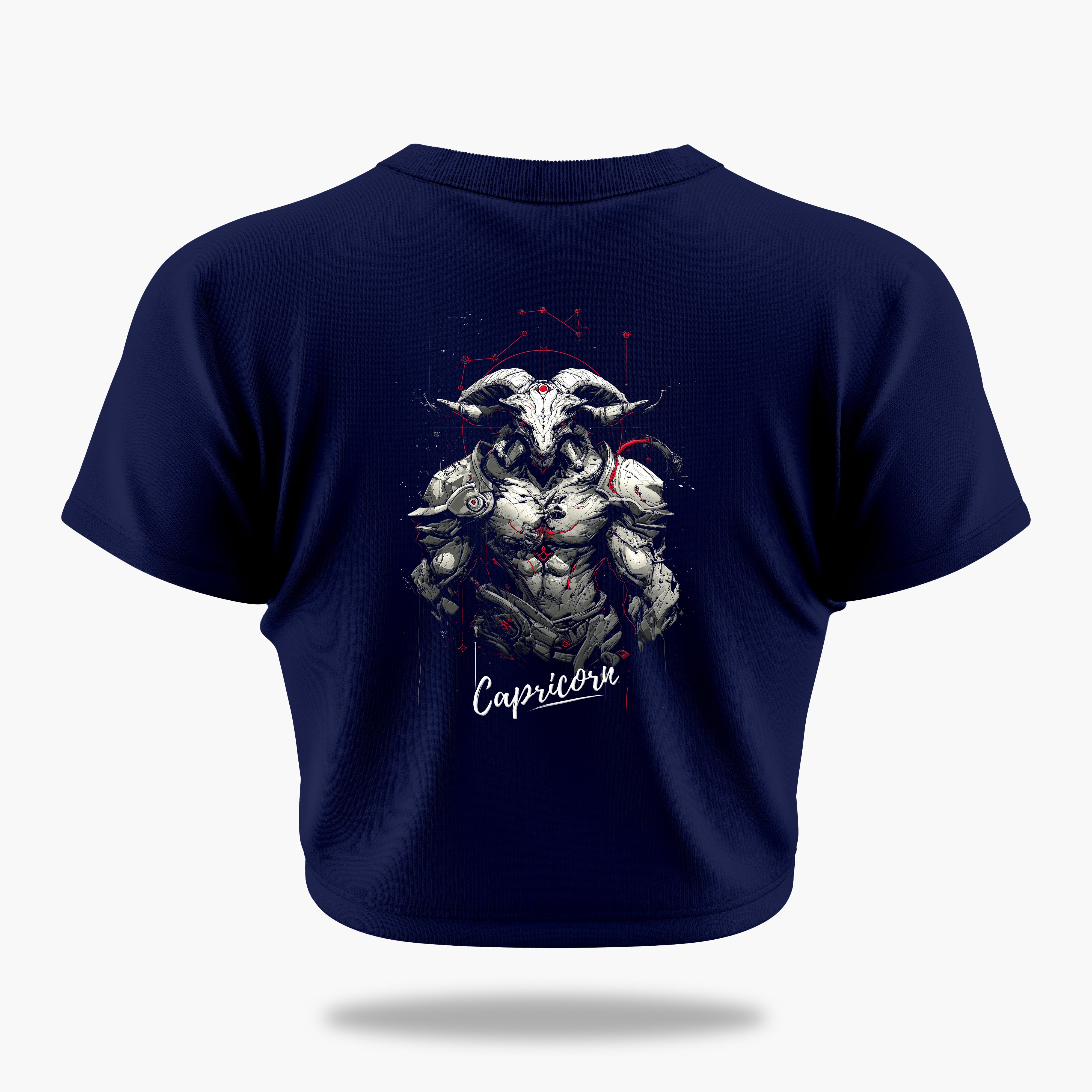 cosmic zodiac warrior capricorn crop top backprint graphic t-shirt, navy blue, back view