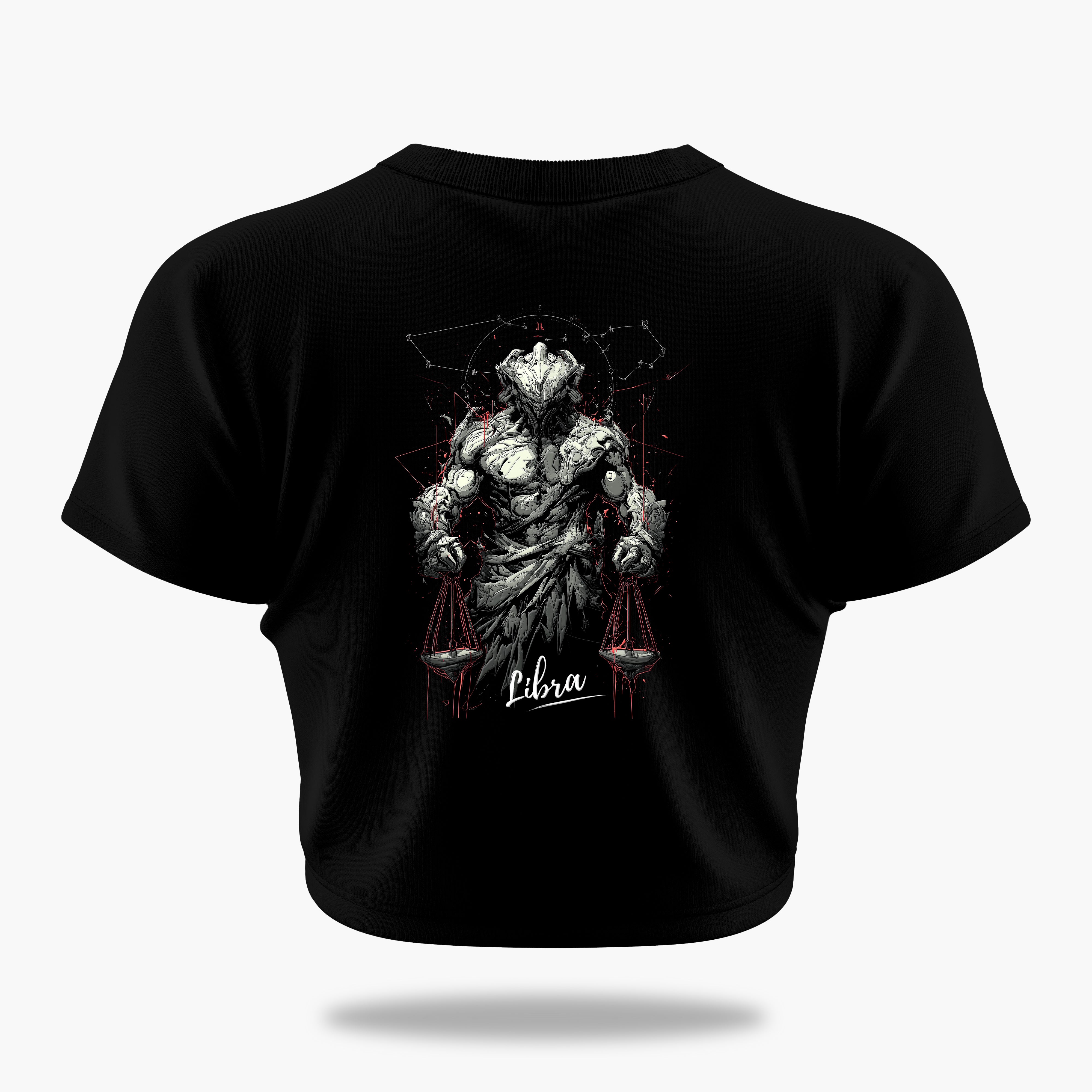 cosmic zodiac warrior libra crop top backprint graphic t-shirt, black, back view