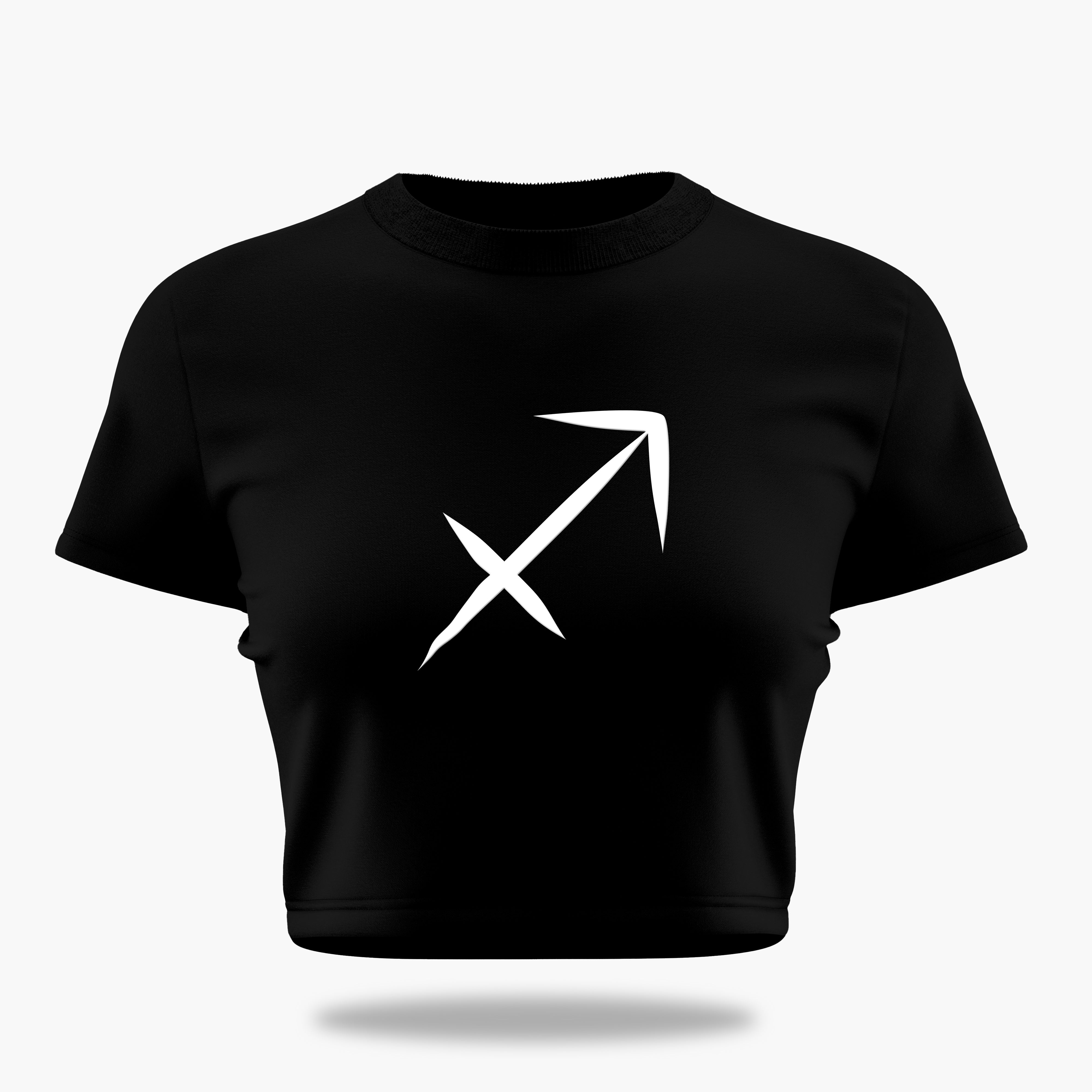 cosmic zodiac warrior sagittarius crop top backprint graphic t-shirt, black, front view