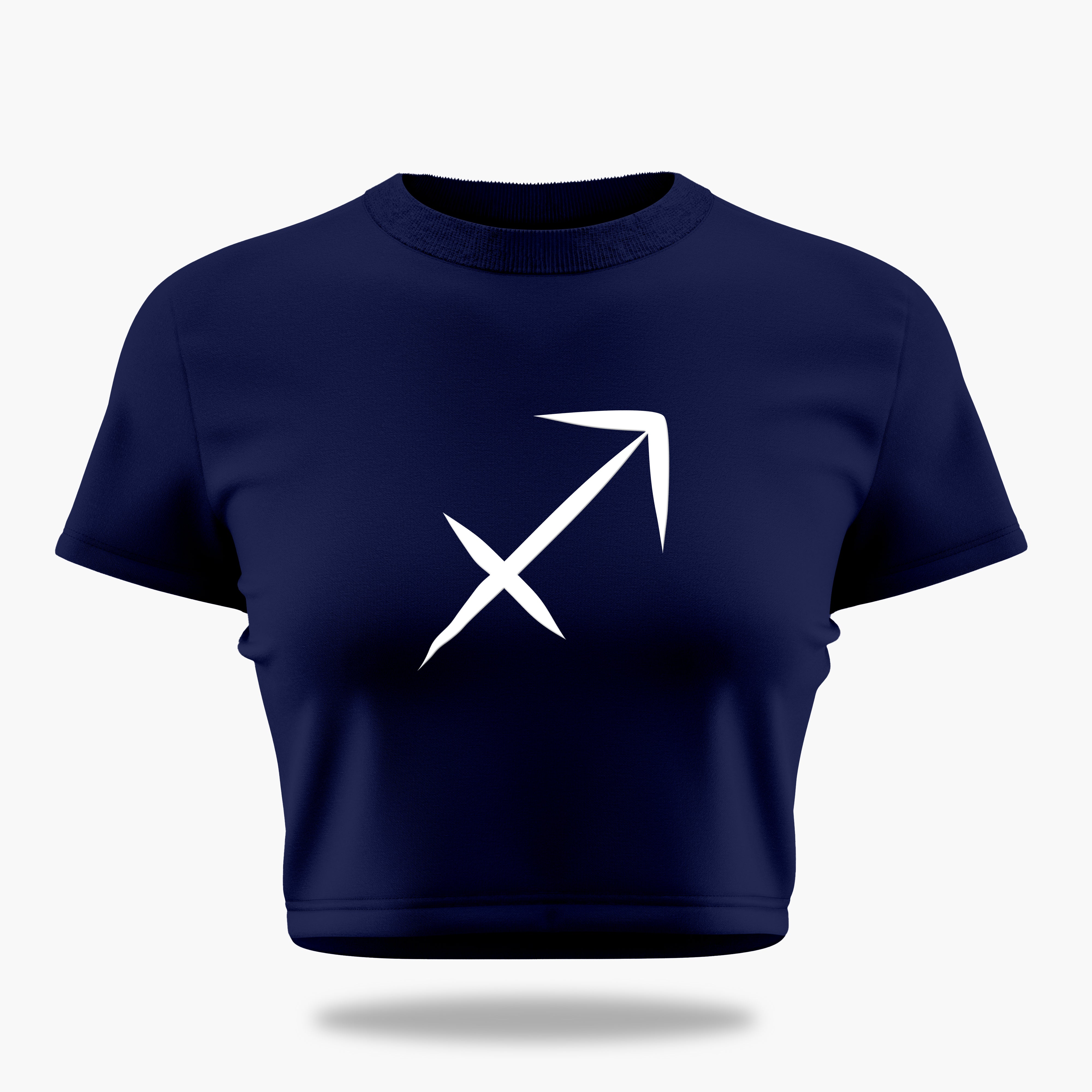 cosmic zodiac warrior sagittarius crop top backprint graphic t-shirt, navy blue, front view