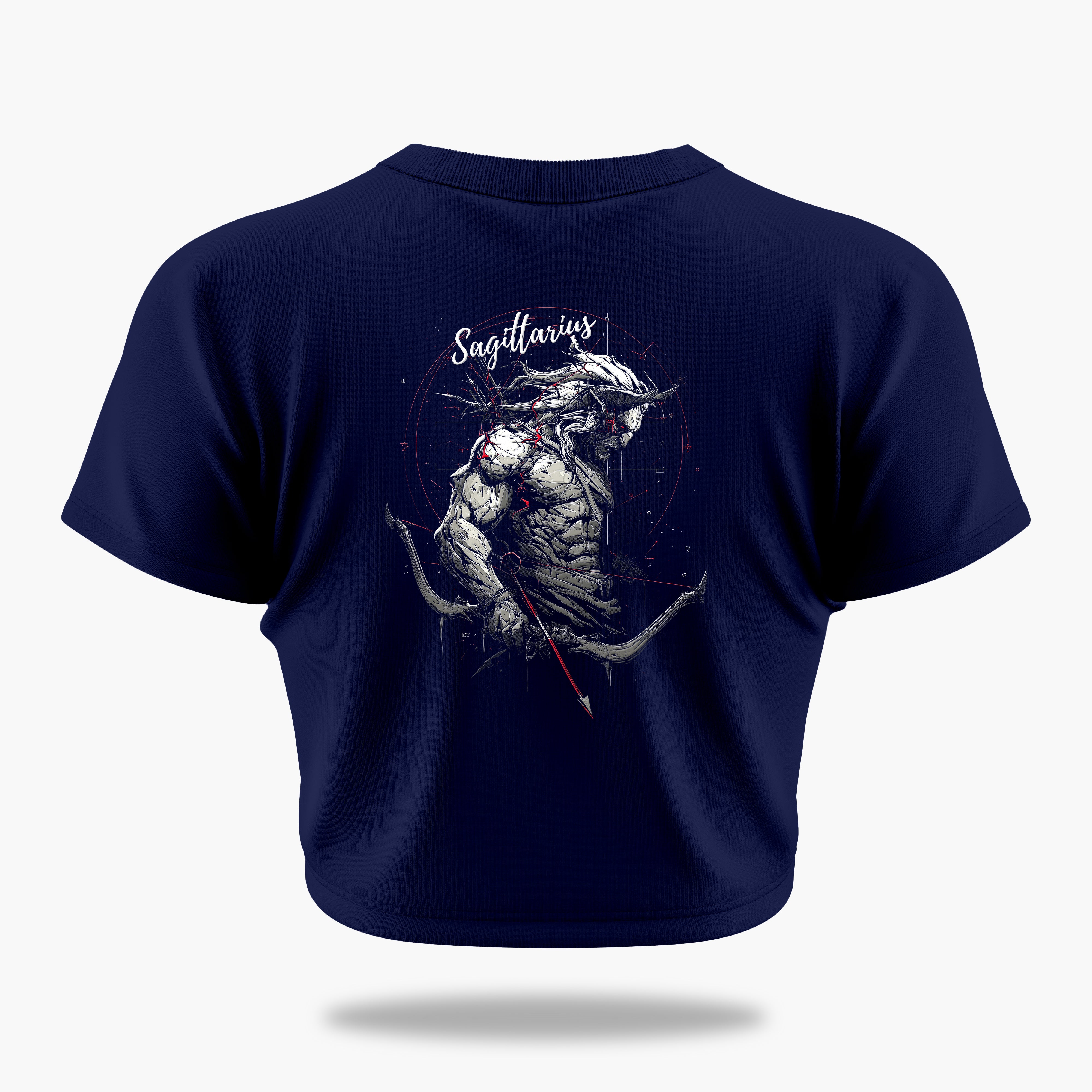 cosmic zodiac warrior sagittarius crop top backprint graphic t-shirt, navy blue, back view