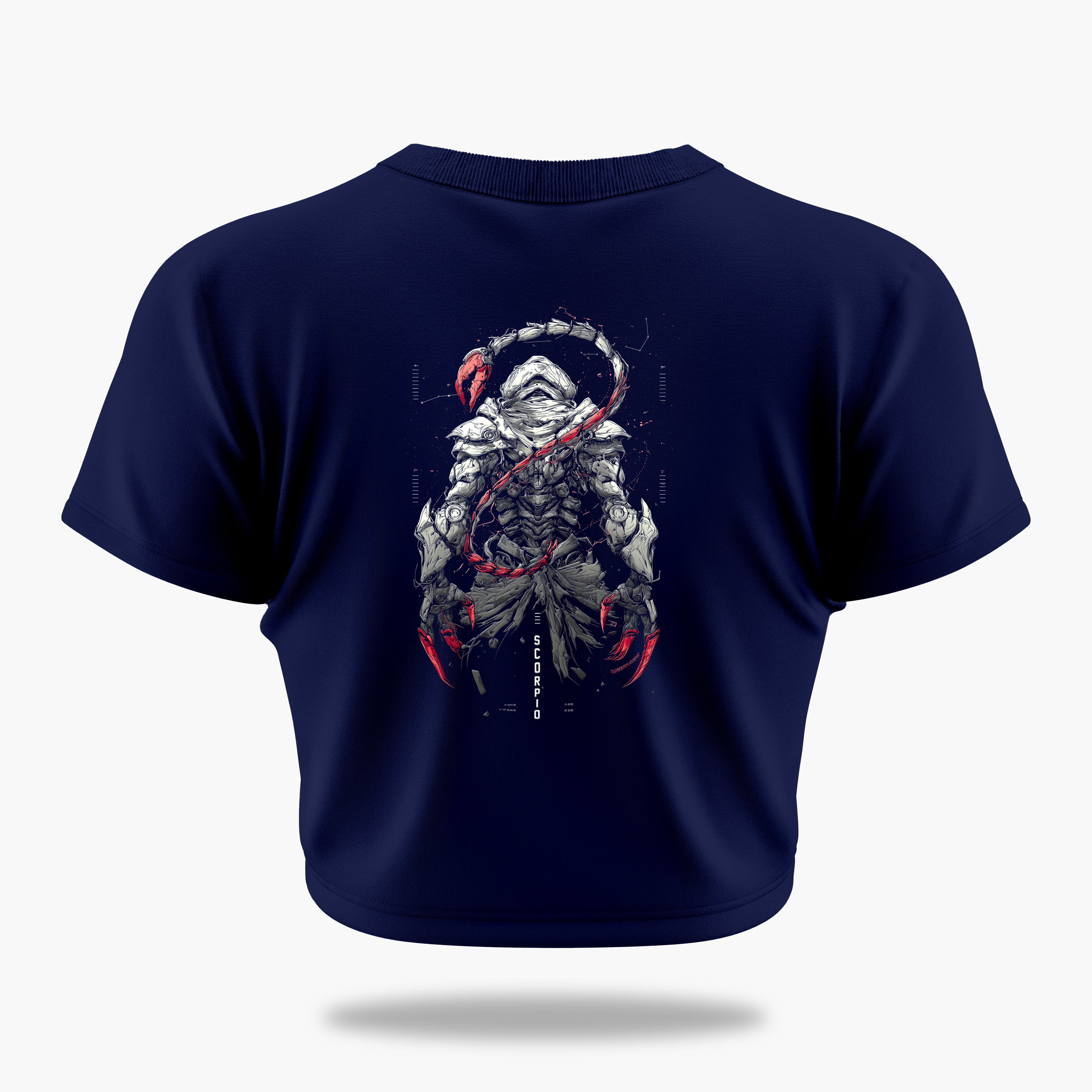 cosmic zodiac warrior scorpio crop top backprint graphic t-shirt, navy blue, back view