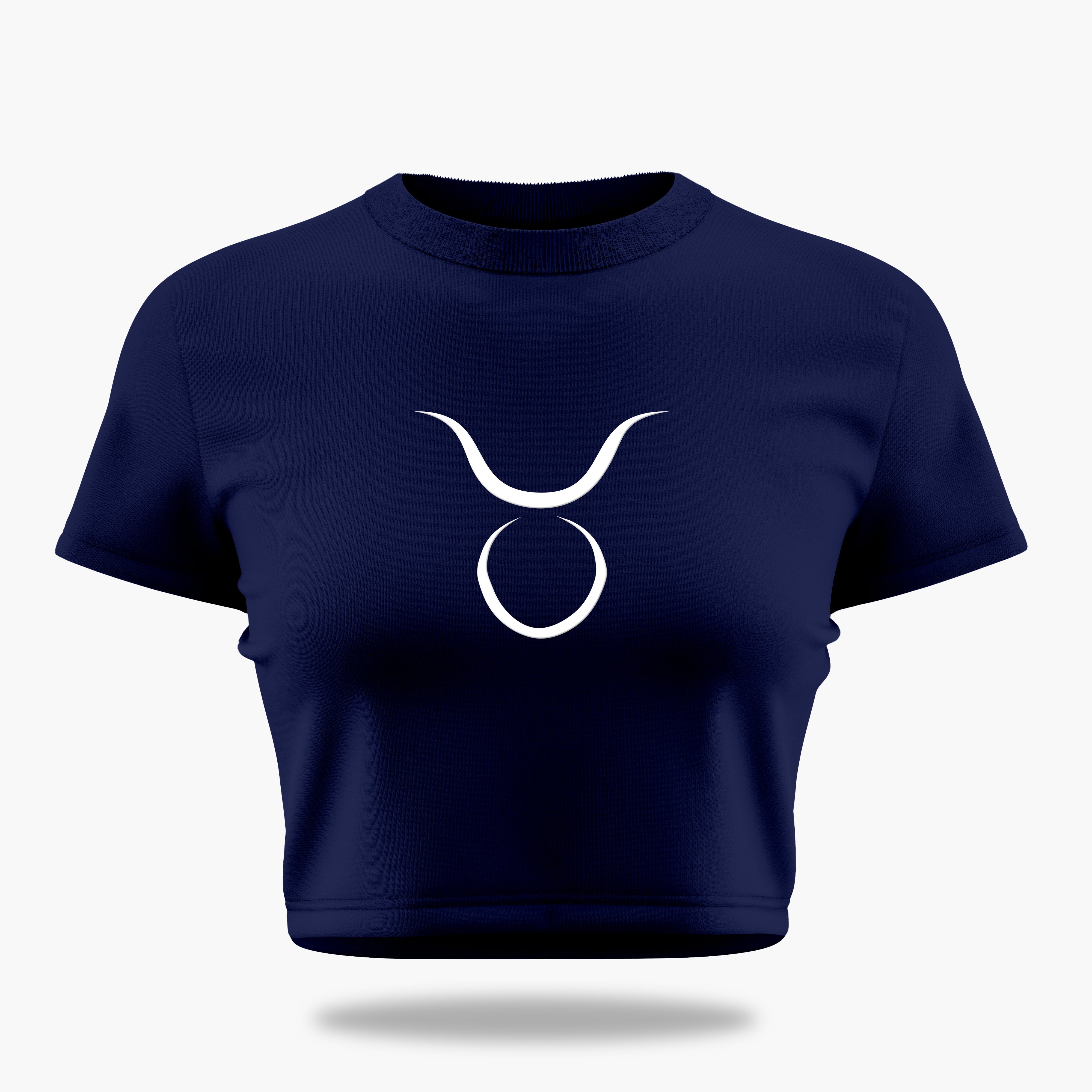 cosmic zodiac warrior taurus crop top backprint graphic t-shirt, navy blue, front view