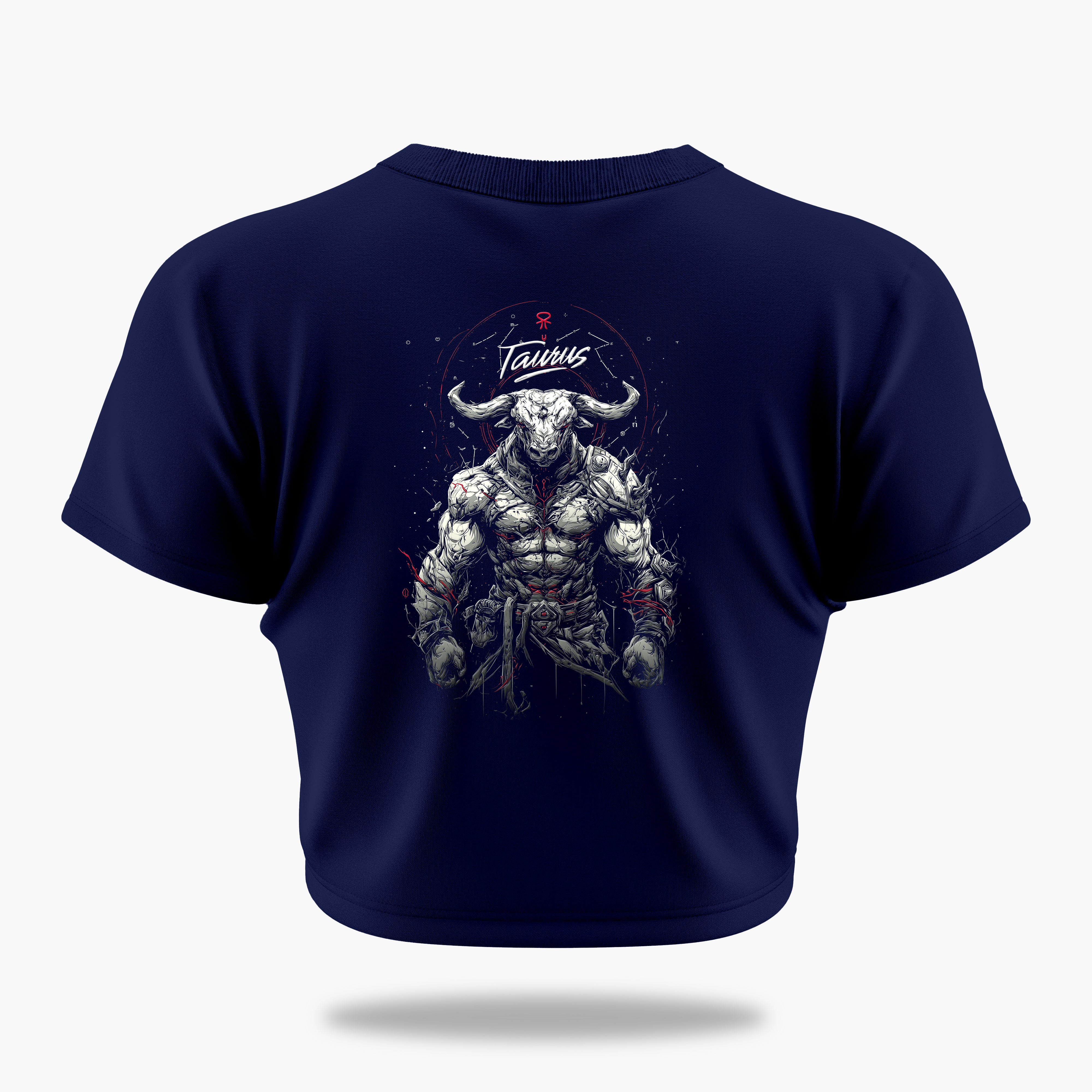 cosmic zodiac warrior taurus crop top backprint graphic t-shirt, navy blue, back view