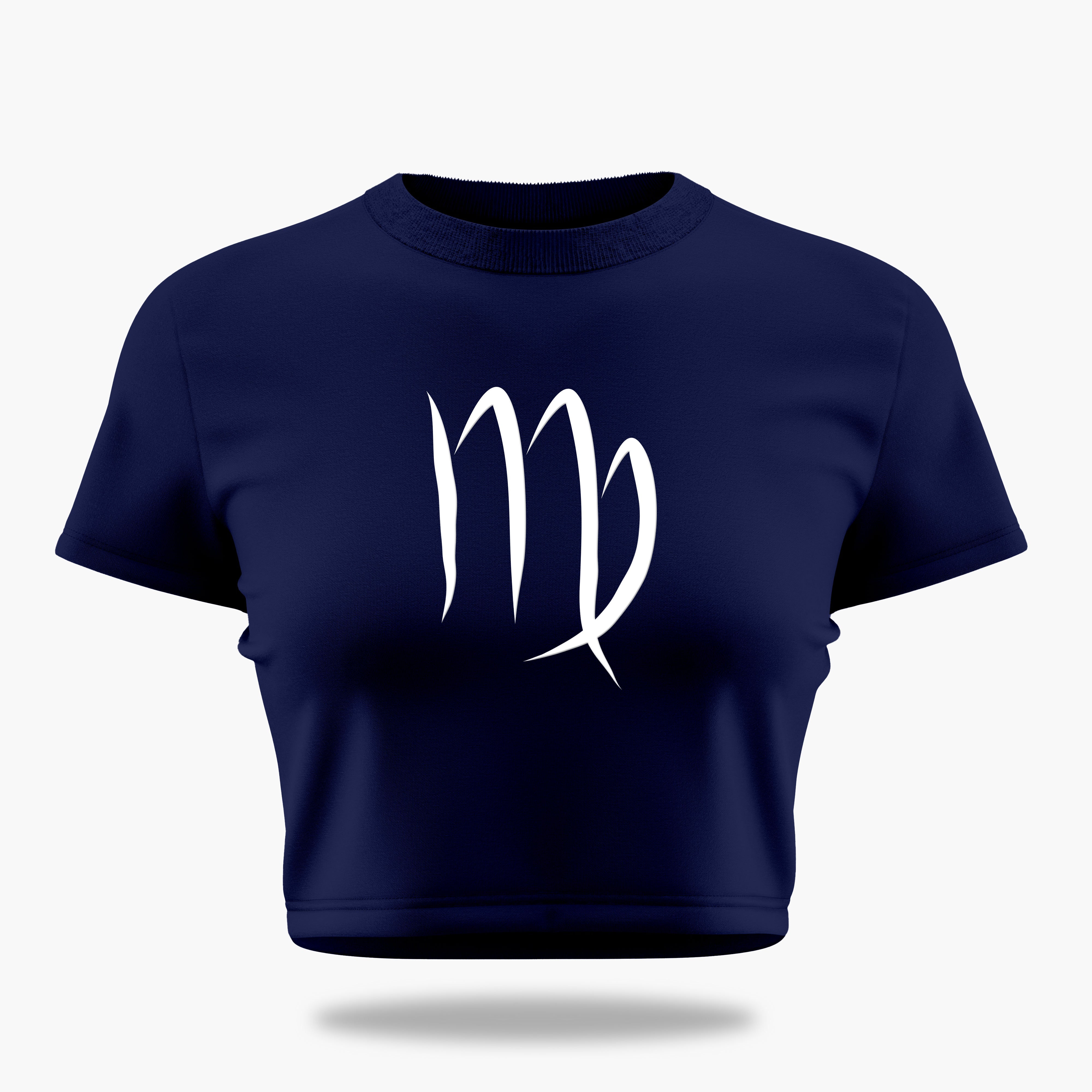 cosmic zodiac warrior virgo crop top backprint graphic t-shirt, navy blue, front view