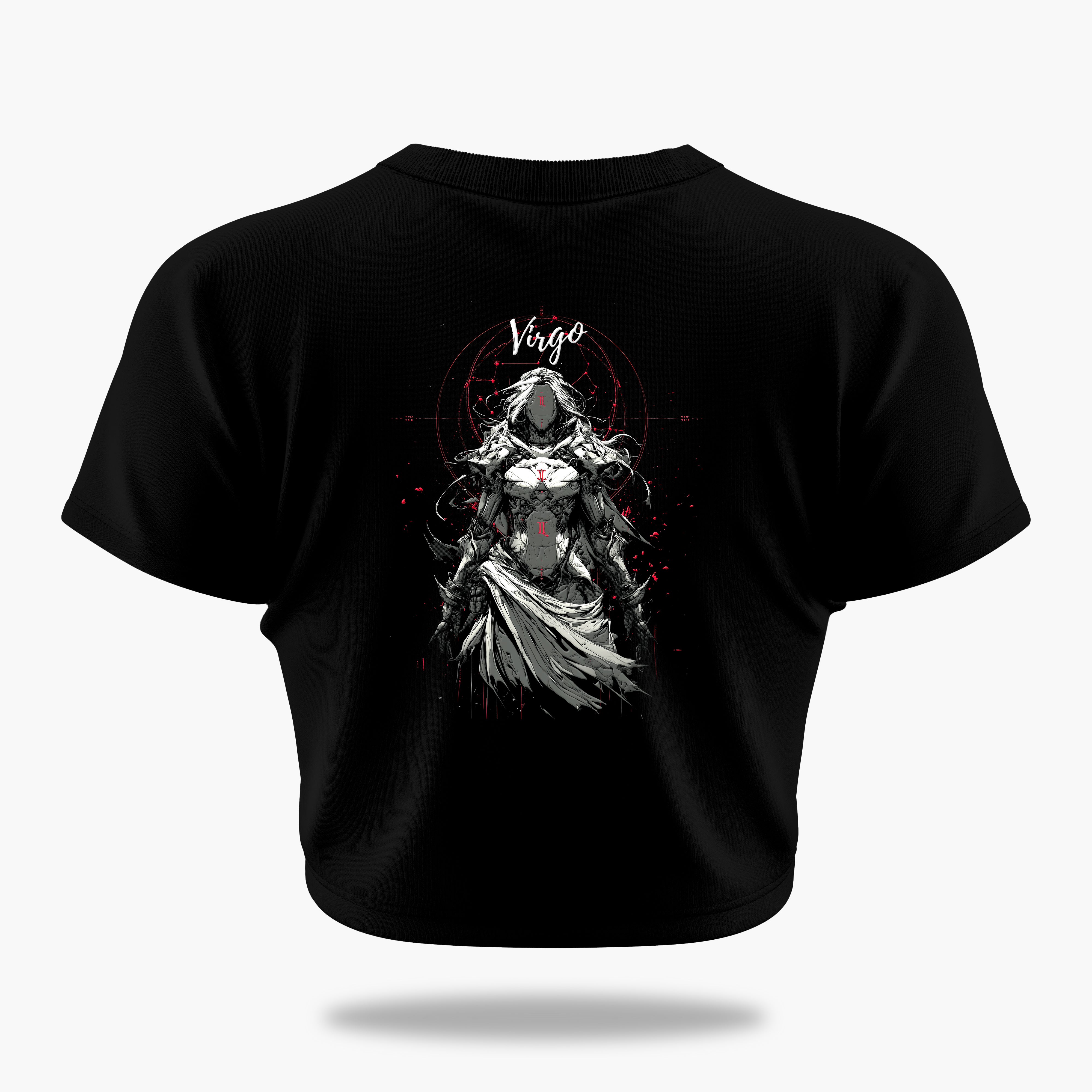 cosmic zodiac warrior virgo crop top backprint graphic t-shirt, black, back view