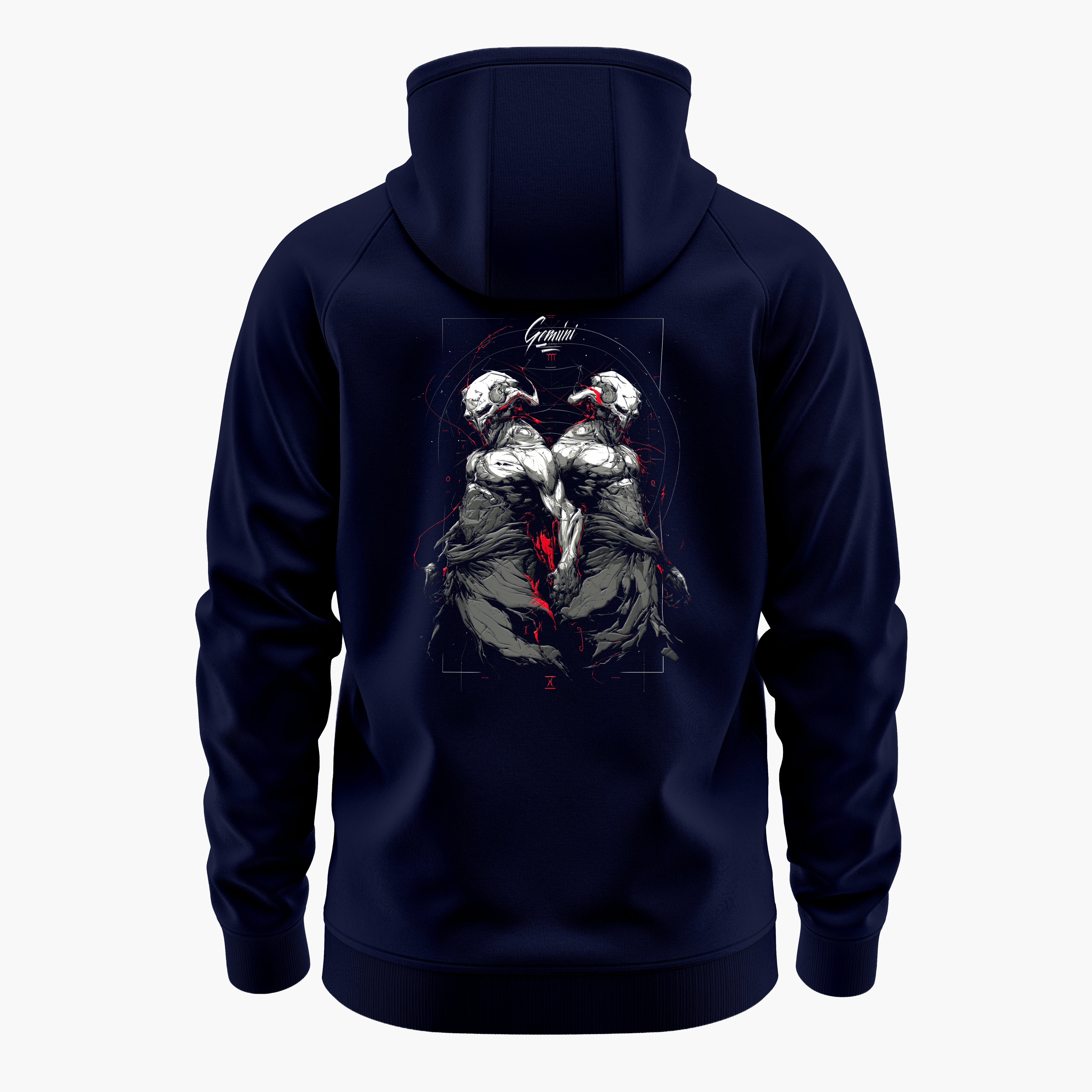 cosmic zodiac warrior gemini h backprint graphic t-shirt, navy blue, back view