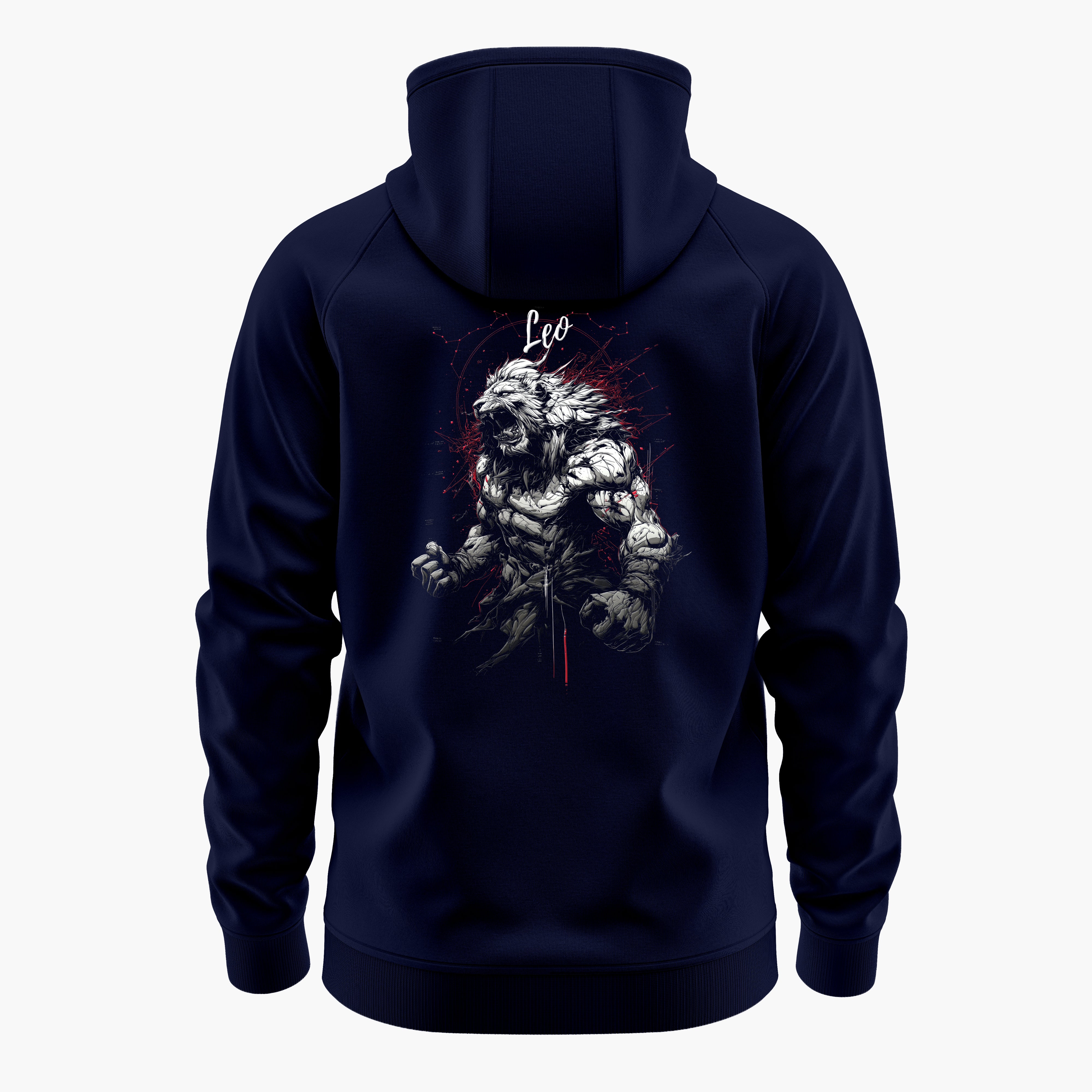 cosmic zodiac warrior leo h backprint graphic t-shirt, navy blue, back view