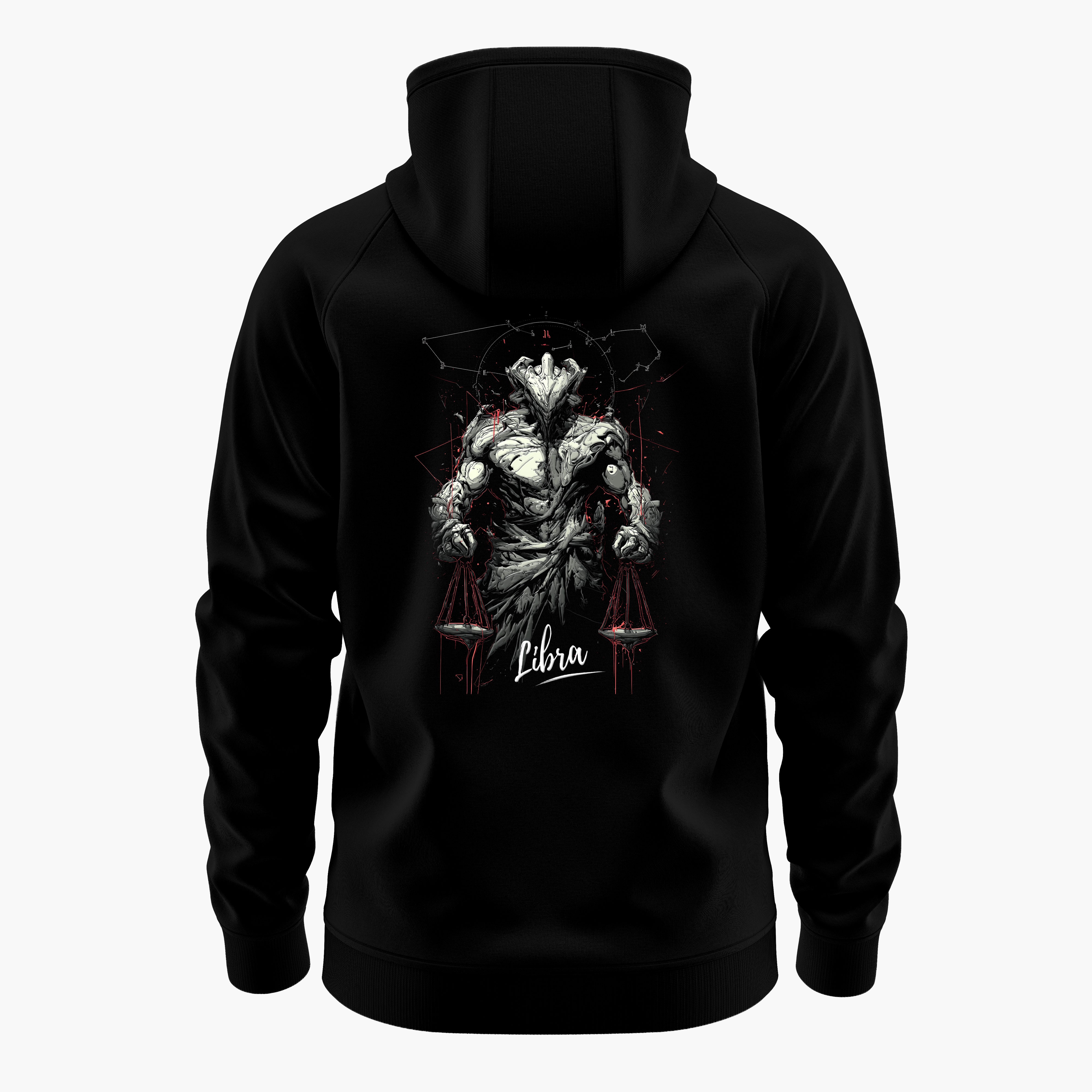 cosmic zodiac warrior libra h backprint graphic t-shirt, black, back view