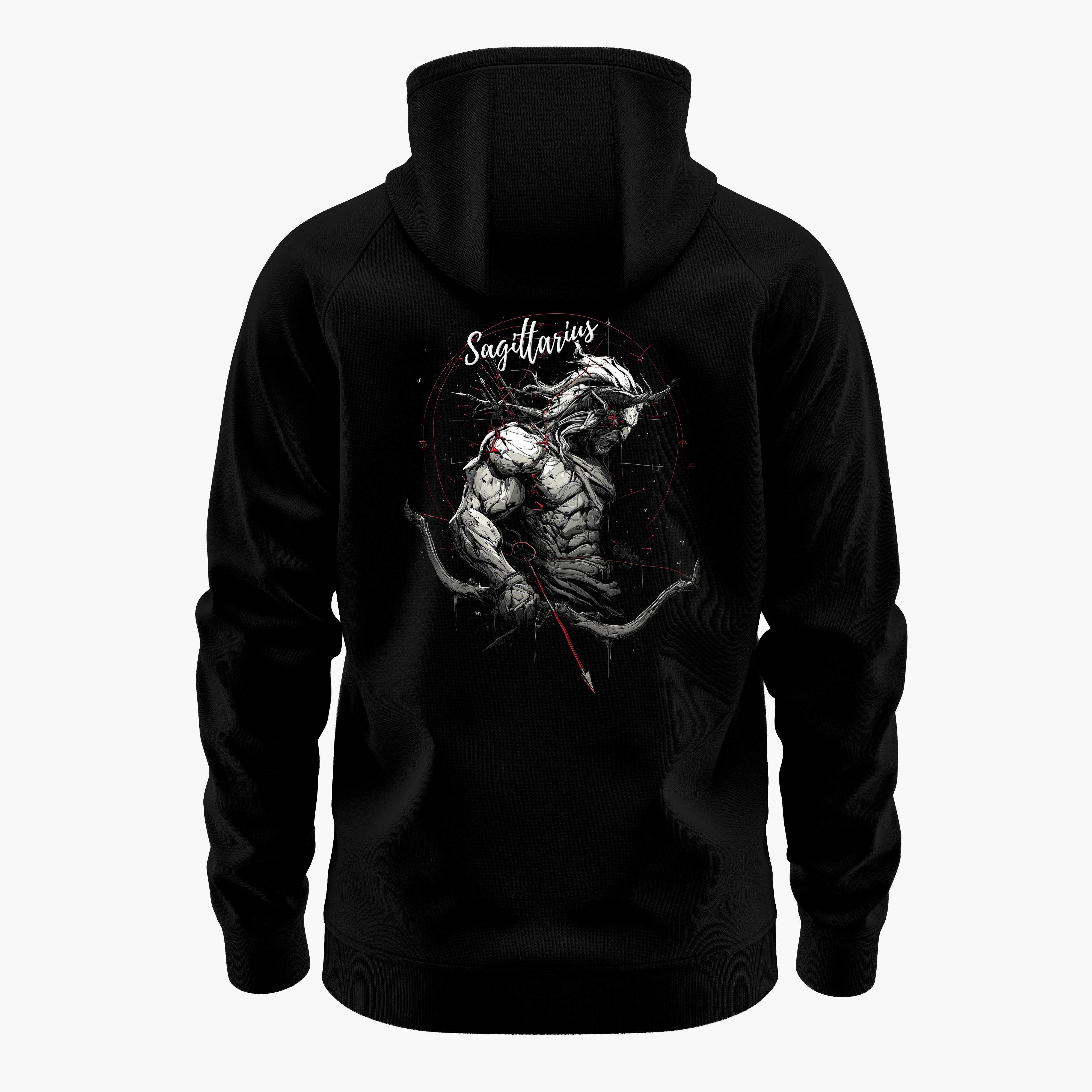 cosmic zodiac warrior sagittarius h backprint graphic t-shirt, black, back view