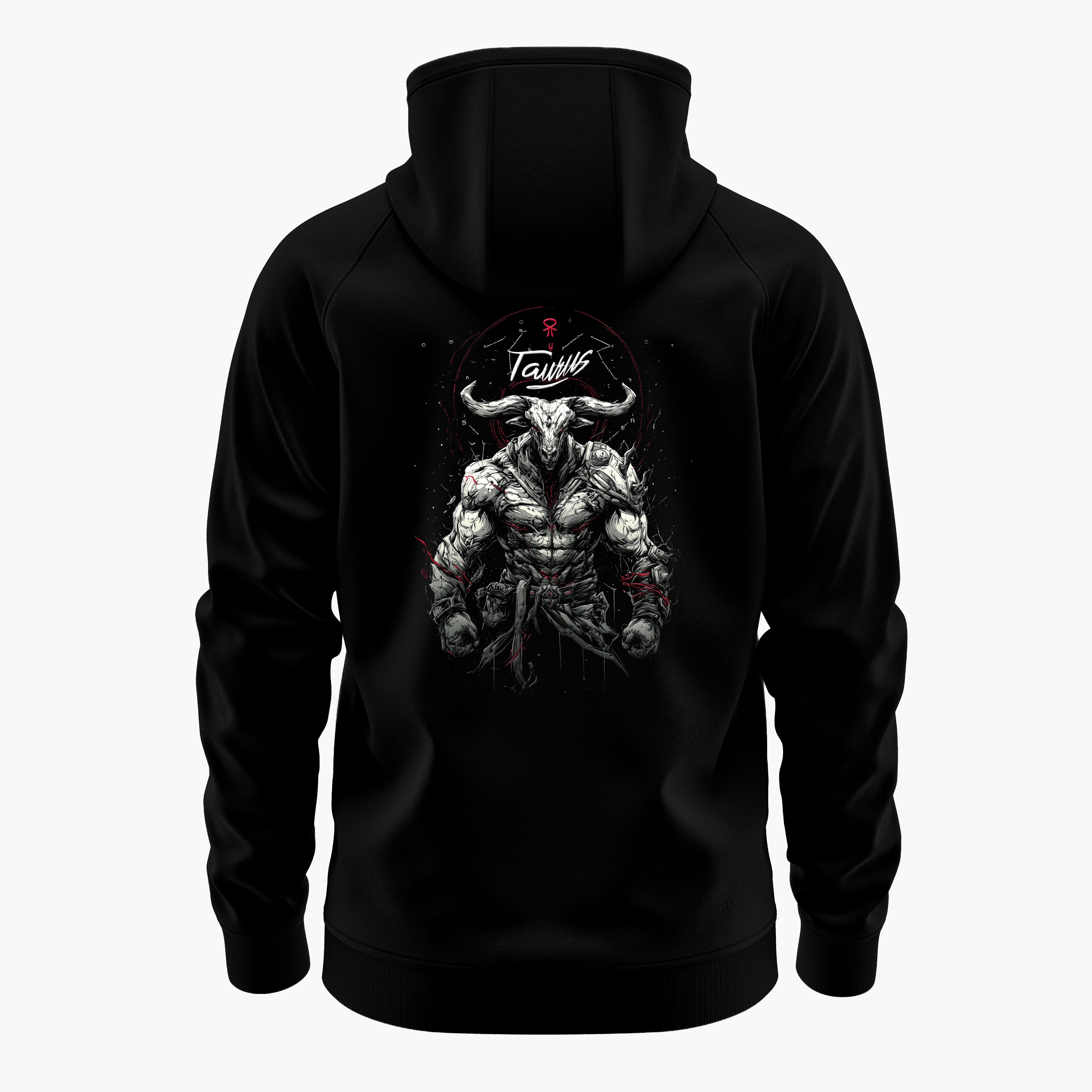 cosmic zodiac warrior taurus h backprint graphic t-shirt, black, back view