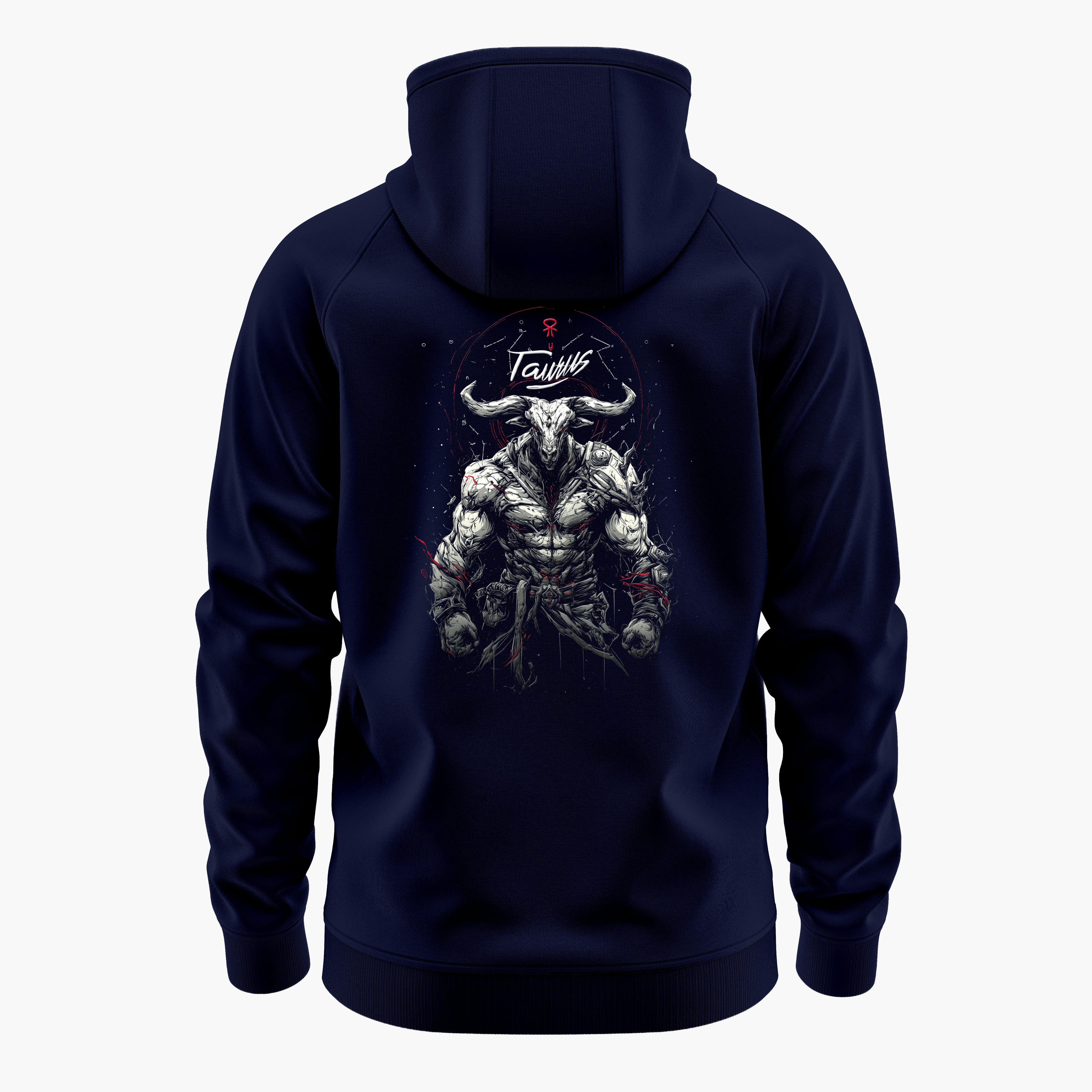 cosmic zodiac warrior taurus h backprint graphic t-shirt, navy blue, back view
