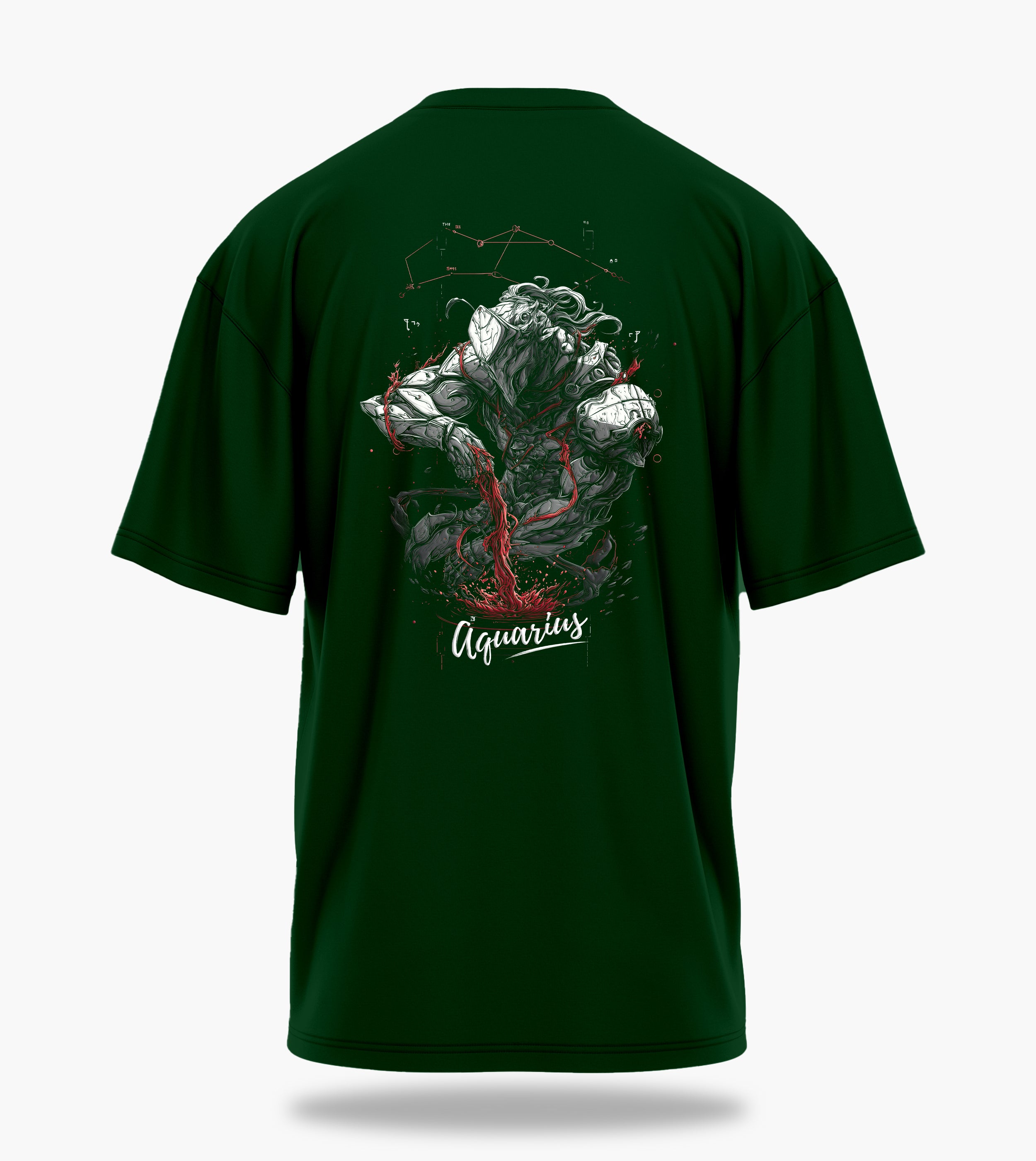 cosmic zodiac warrior aquarius ov backprint graphic t-shirt, dark green, back view