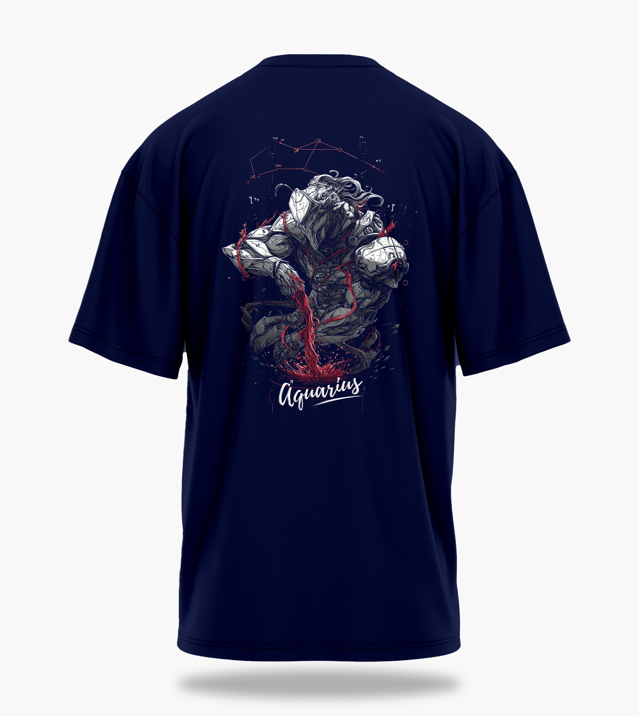 cosmic zodiac warrior aquarius ov backprint graphic t-shirt, navy blue, back view