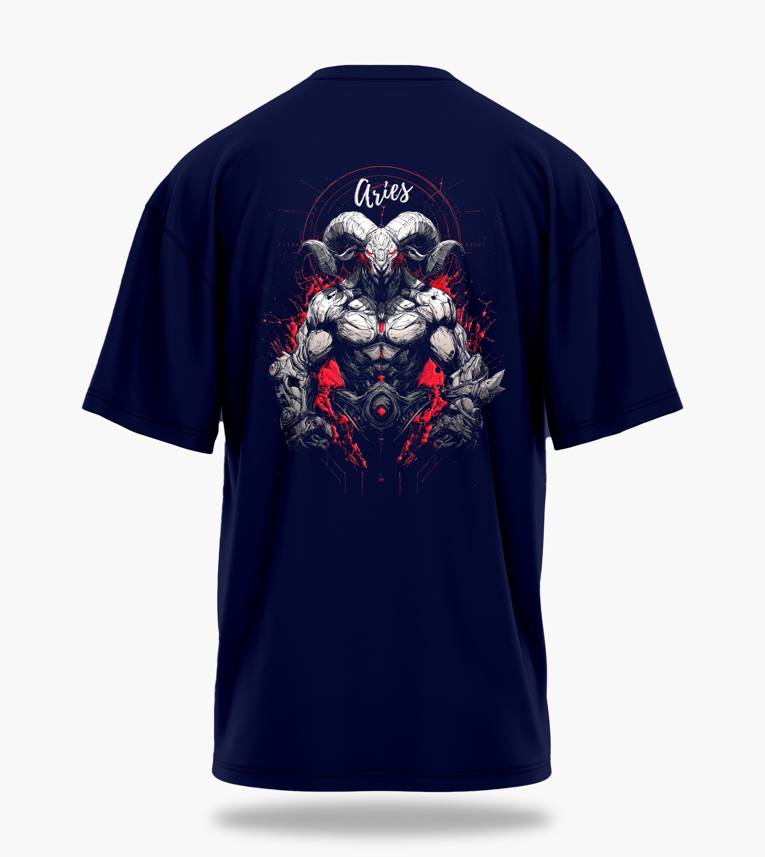 cosmic zodiac warrior aries ov backprint graphic t-shirt, navy blue, back view