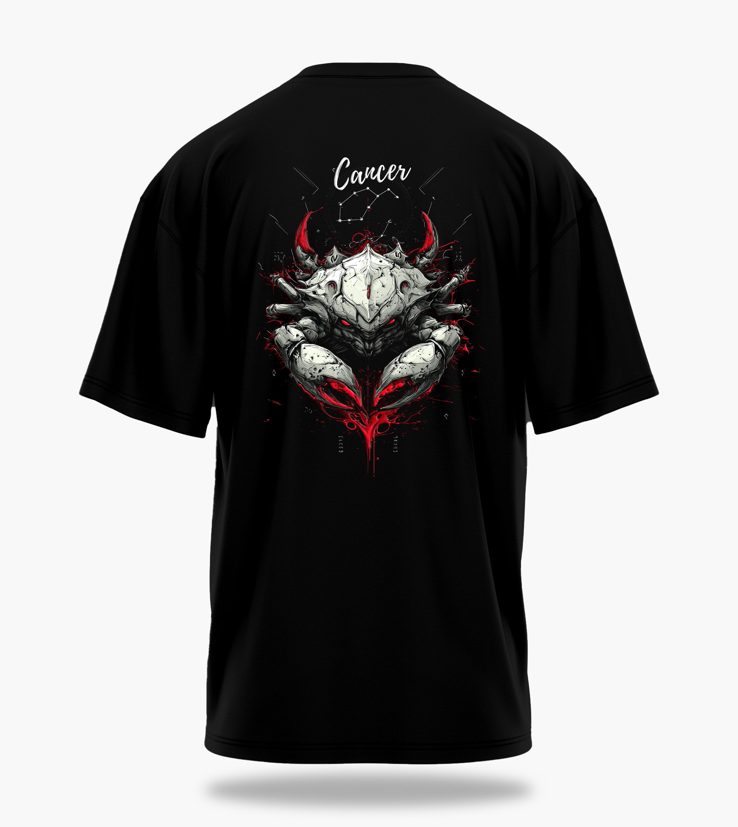 cosmic zodiac warrior cancer ov backprint graphic t-shirt, black, back view