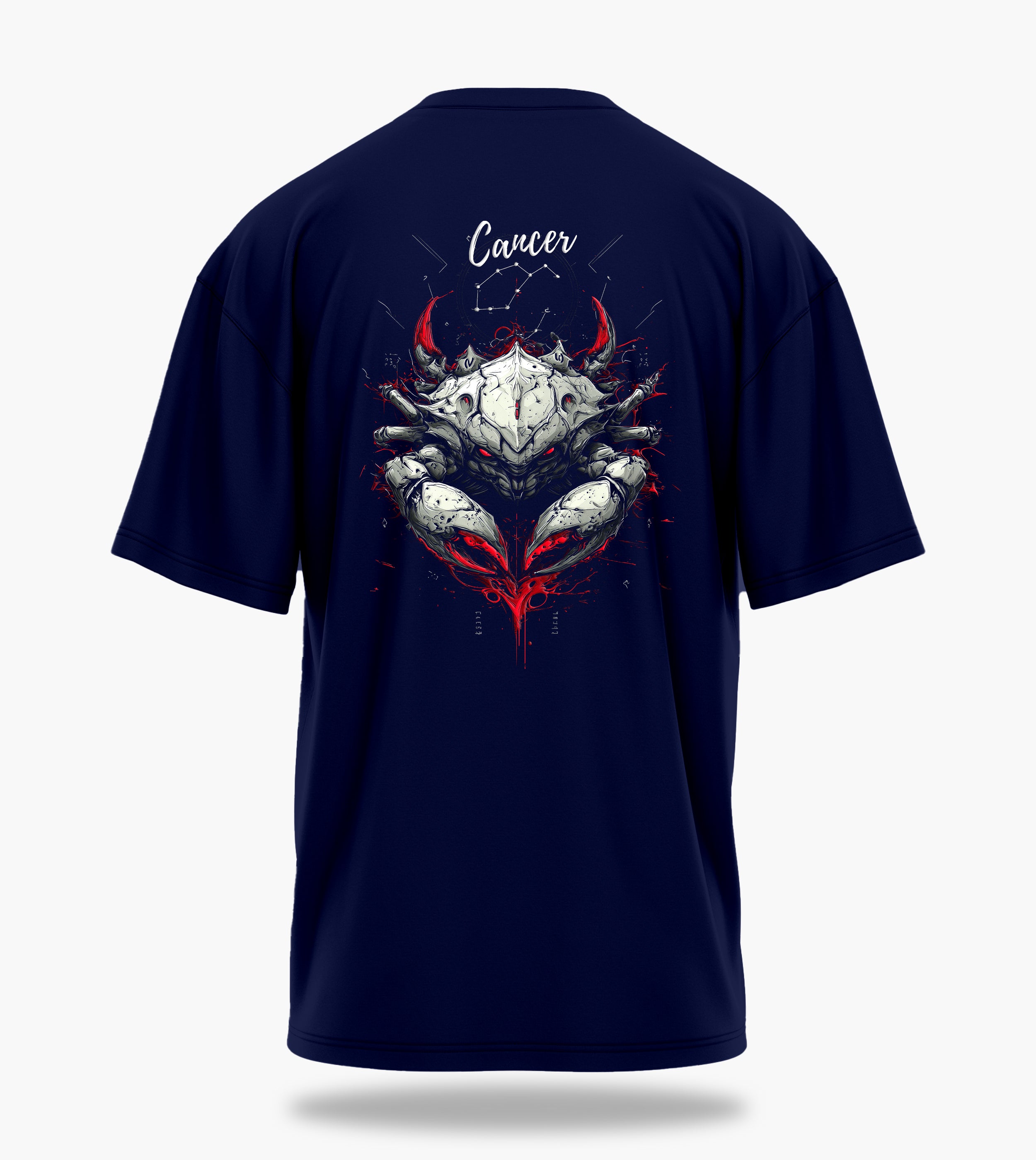 cosmic zodiac warrior cancer ov backprint graphic t-shirt, navy blue, back view