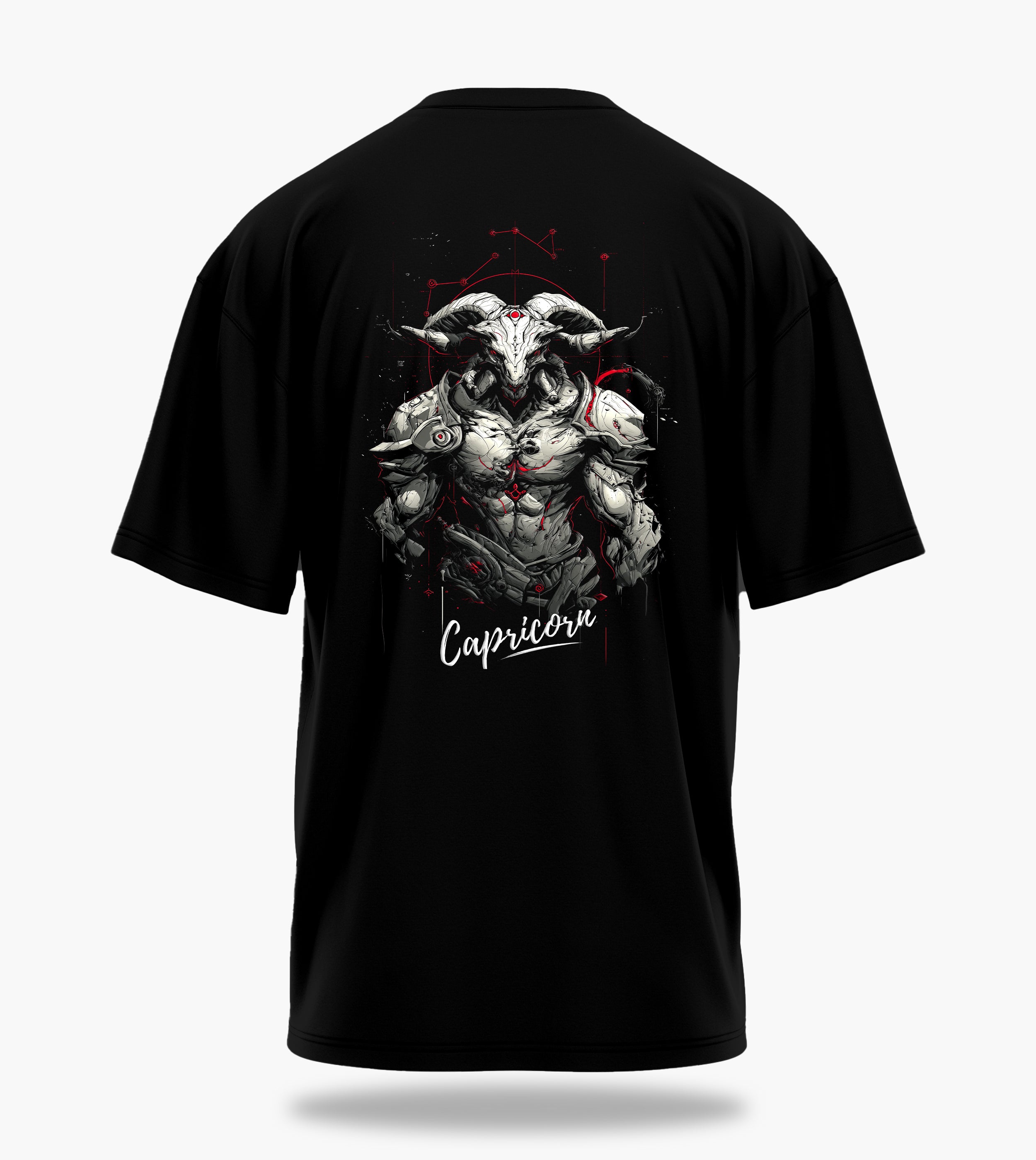 cosmic zodiac warrior capricorn ov backprint graphic t-shirt, black, back view