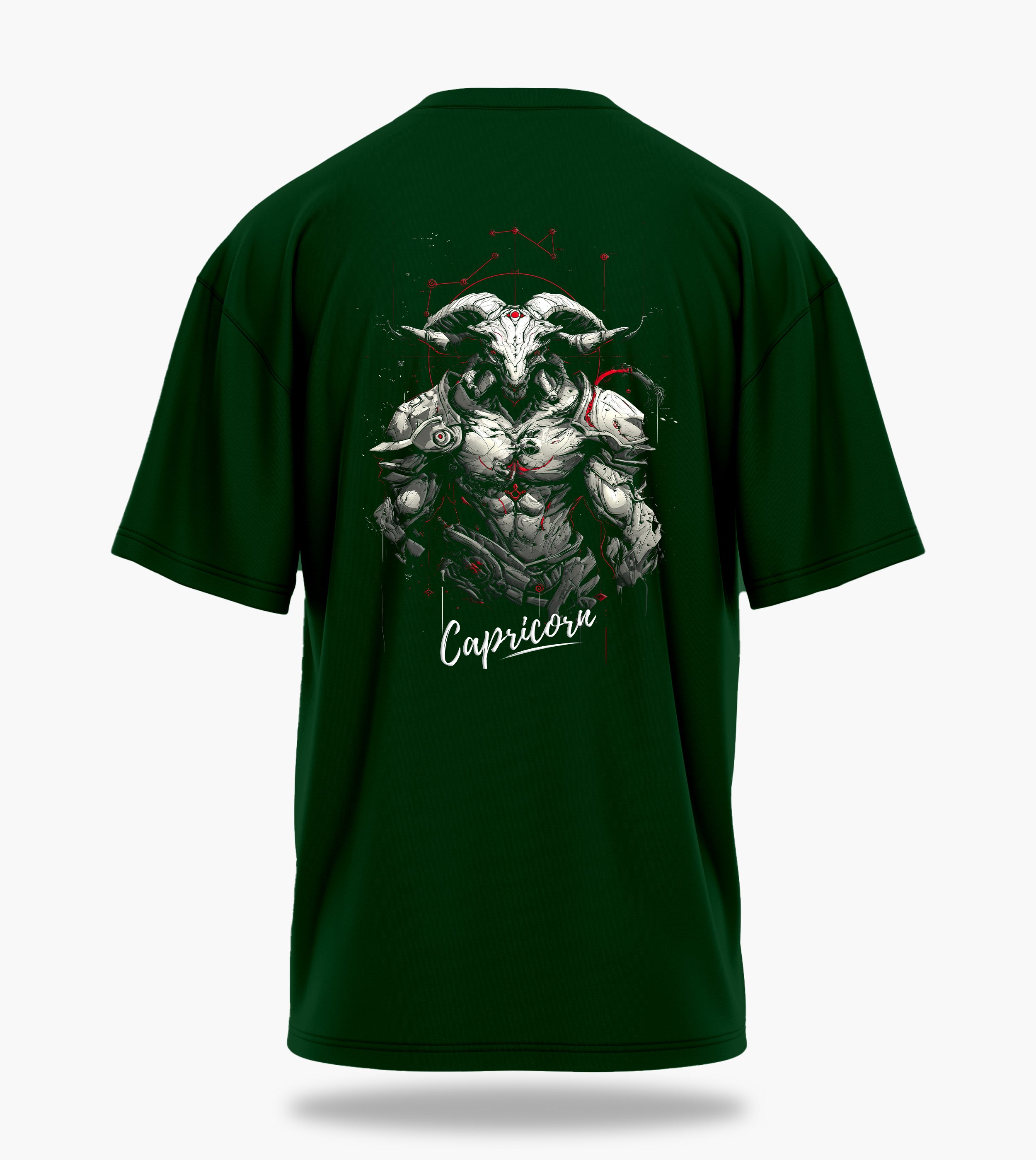 cosmic zodiac warrior capricorn ov backprint graphic t-shirt, dark green, back view