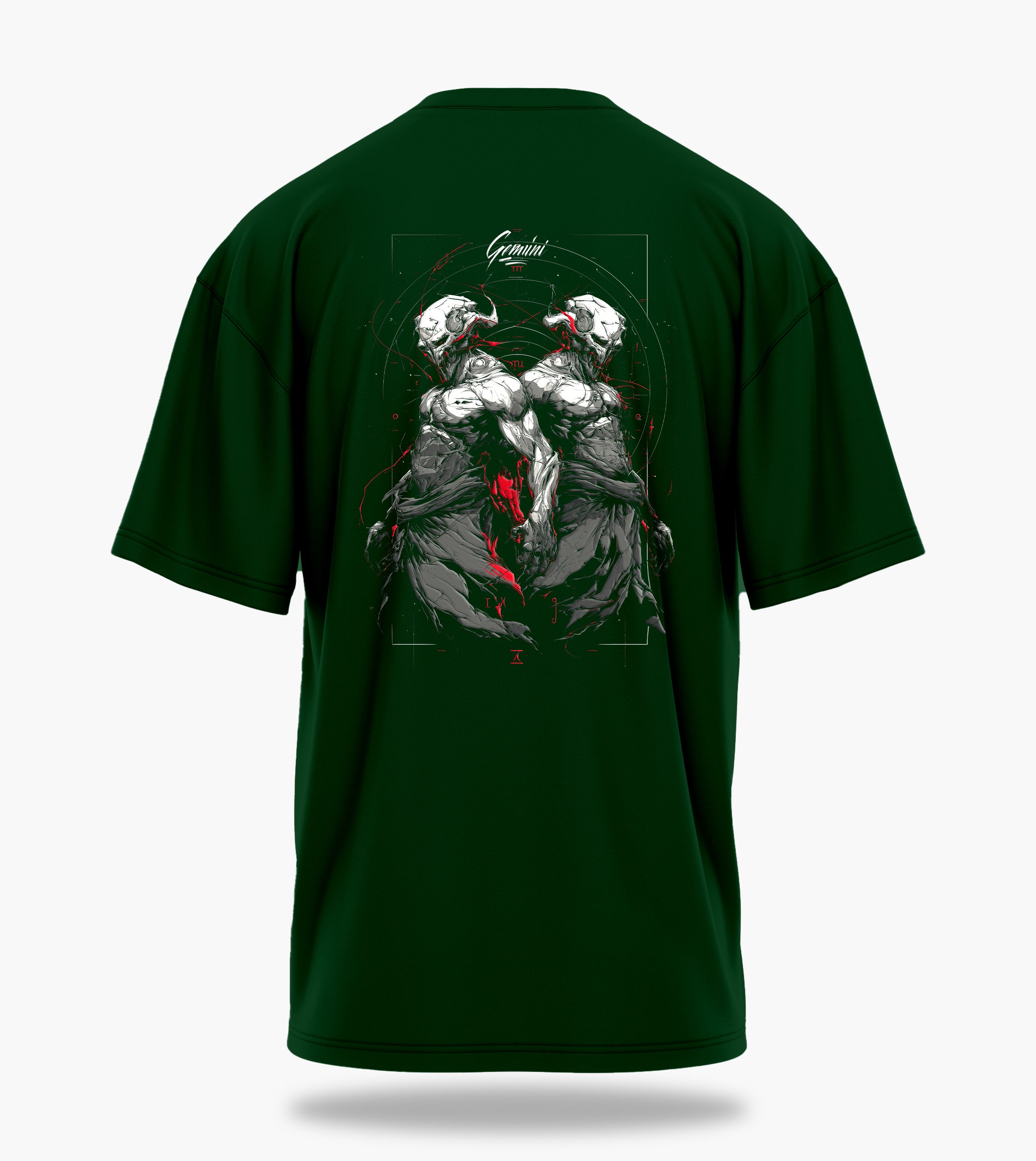 cosmic zodiac warrior gemini ov backprint graphic t-shirt, dark green, back view