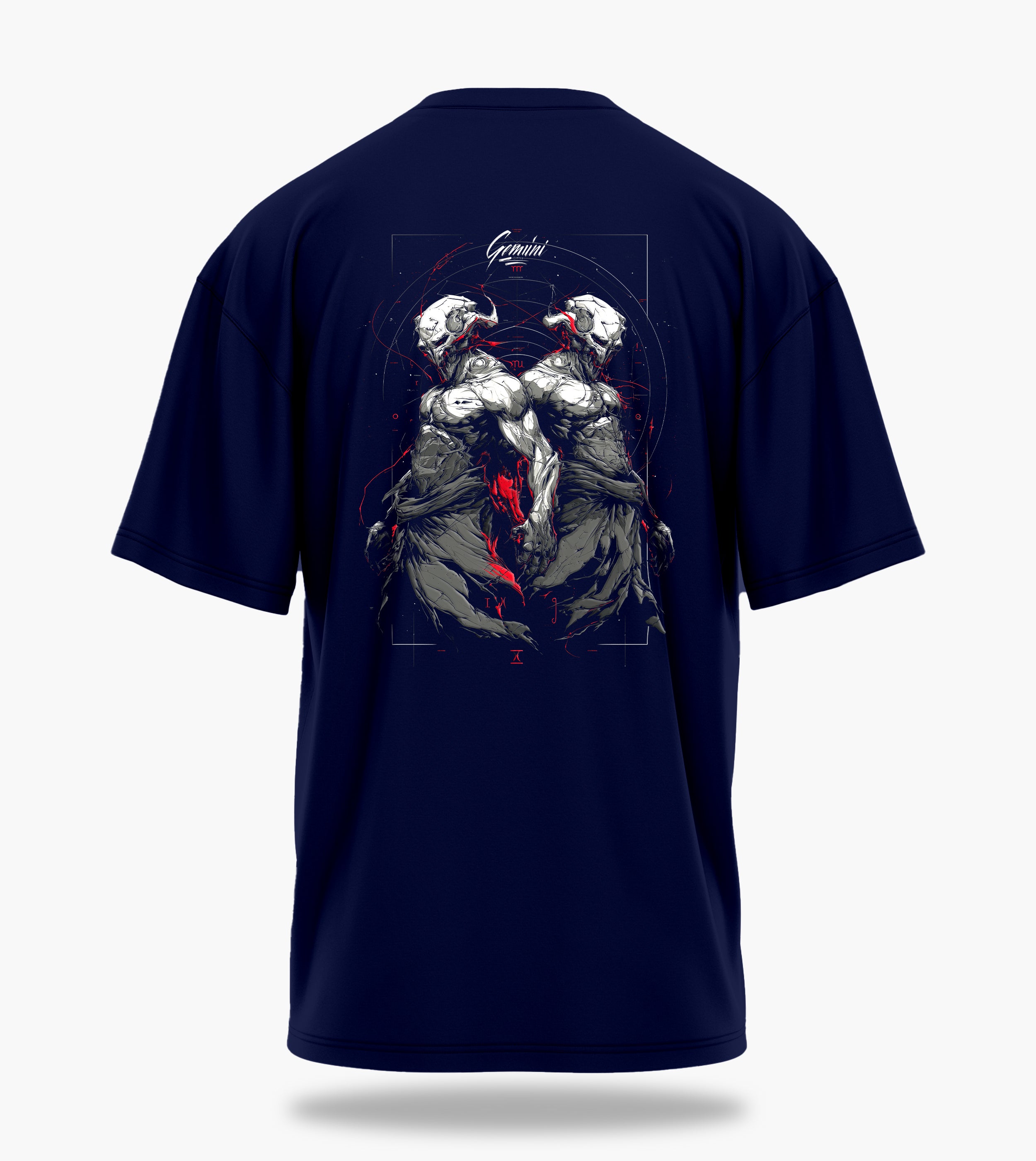 cosmic zodiac warrior gemini ov backprint graphic t-shirt, navy blue, back view
