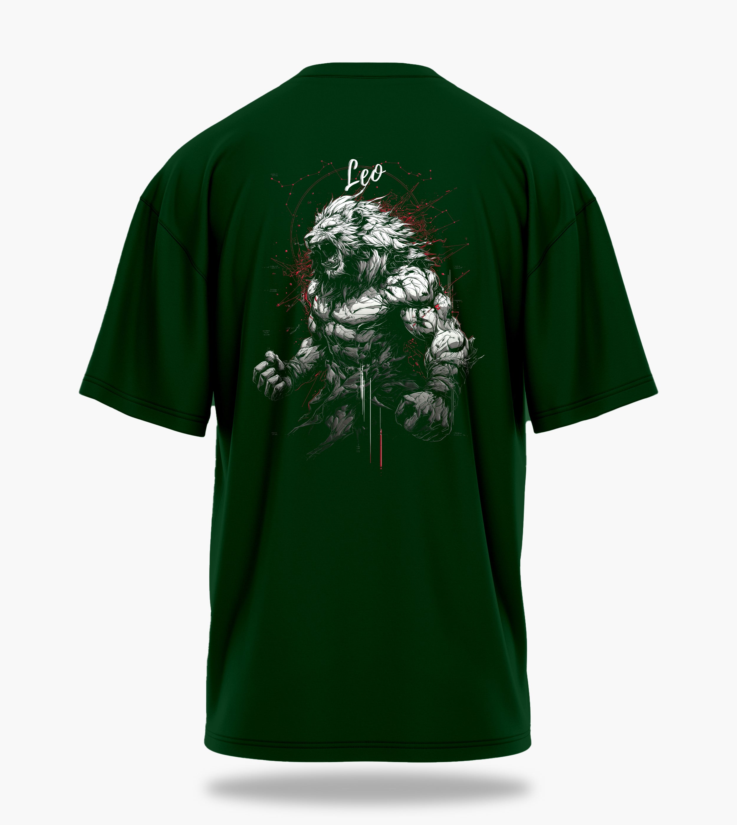 cosmic zodiac warrior leo ov backprint graphic t-shirt, dark green, back view