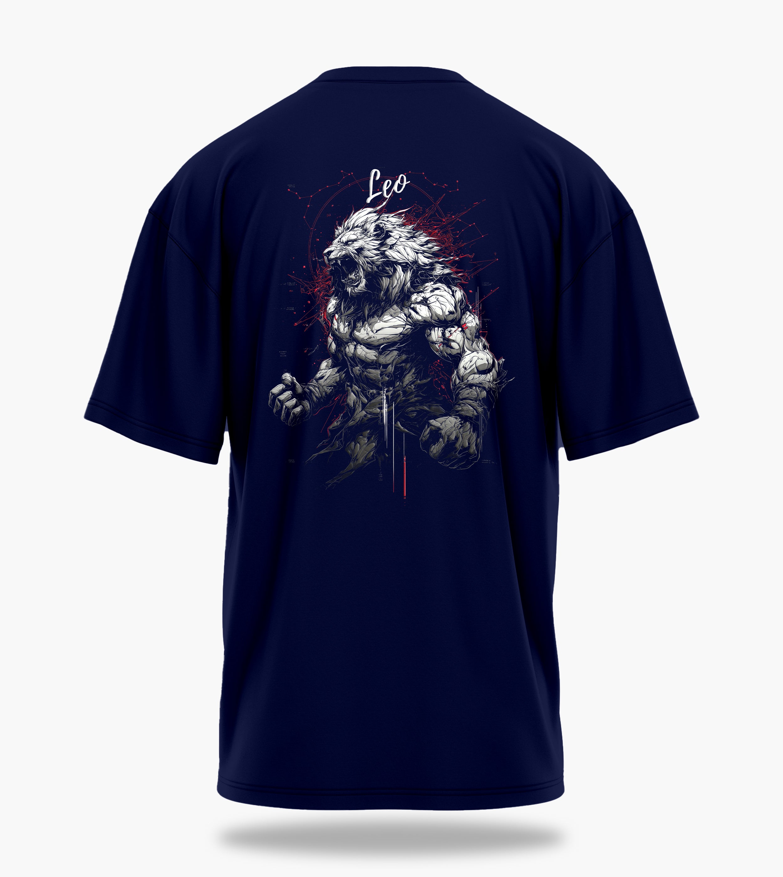 cosmic zodiac warrior leo ov backprint graphic t-shirt, navy blue, back view