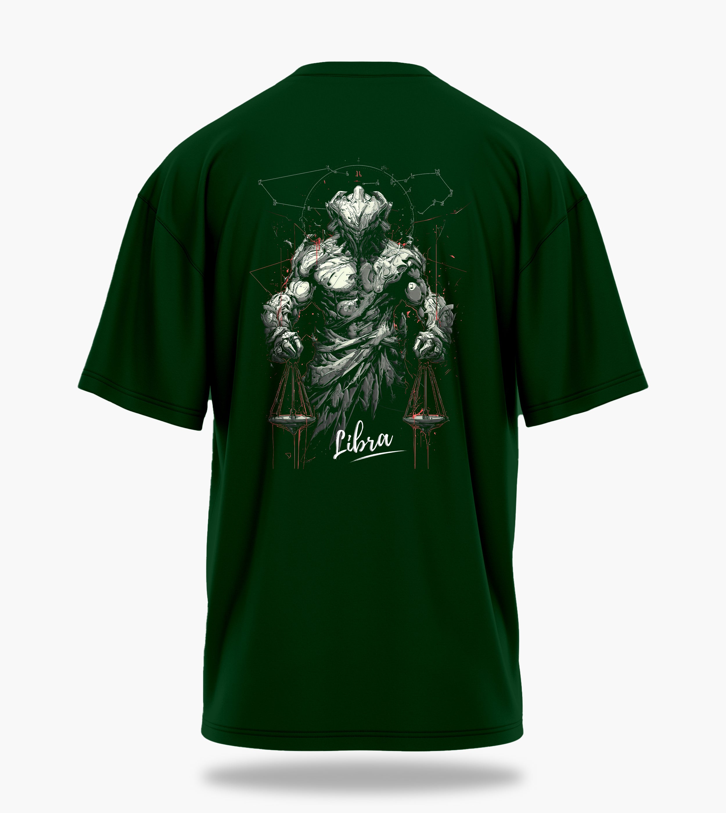 cosmic zodiac warrior libra ov backprint graphic t-shirt, dark green, back view