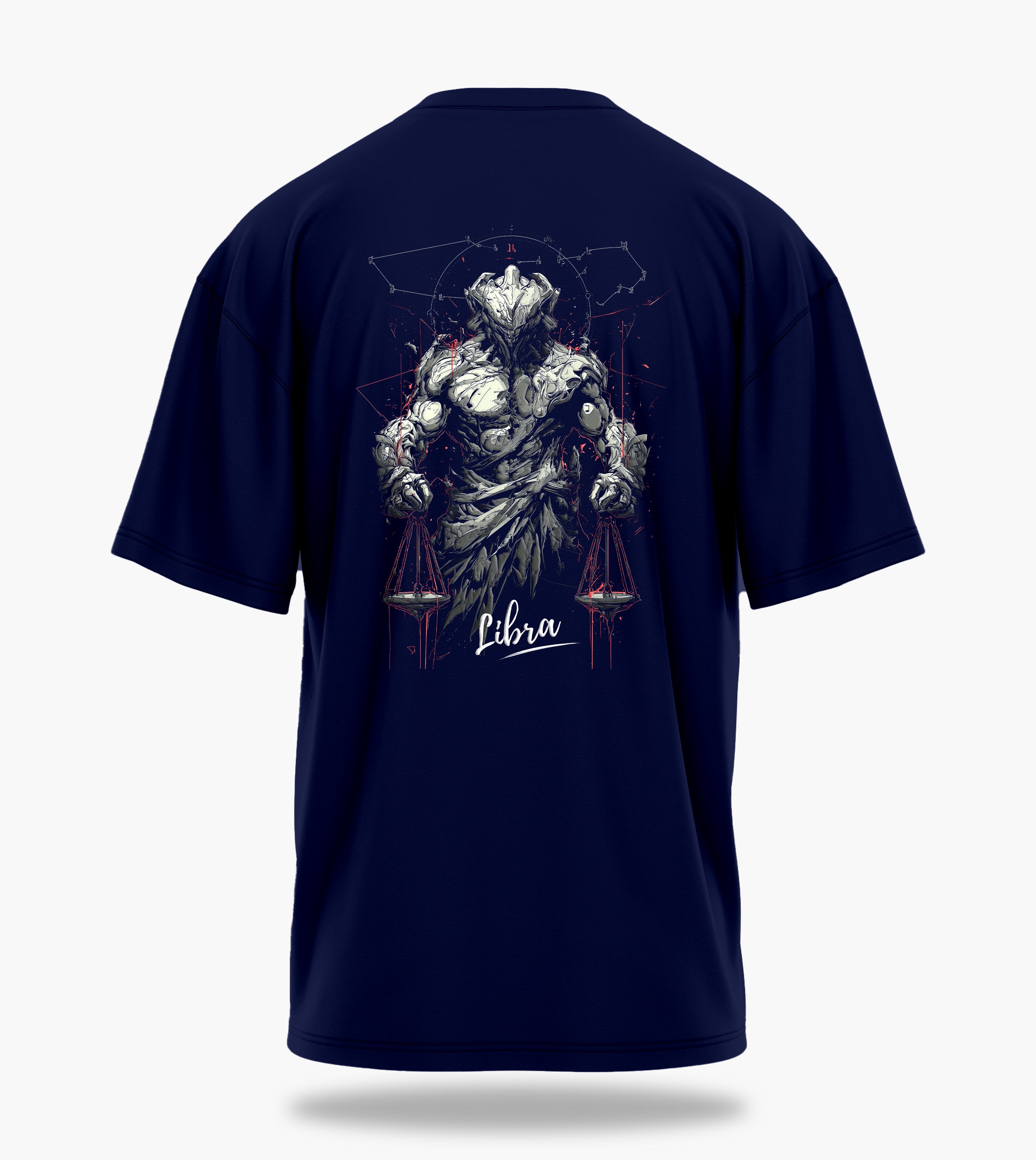 cosmic zodiac warrior libra ov backprint graphic t-shirt, navy blue, back view