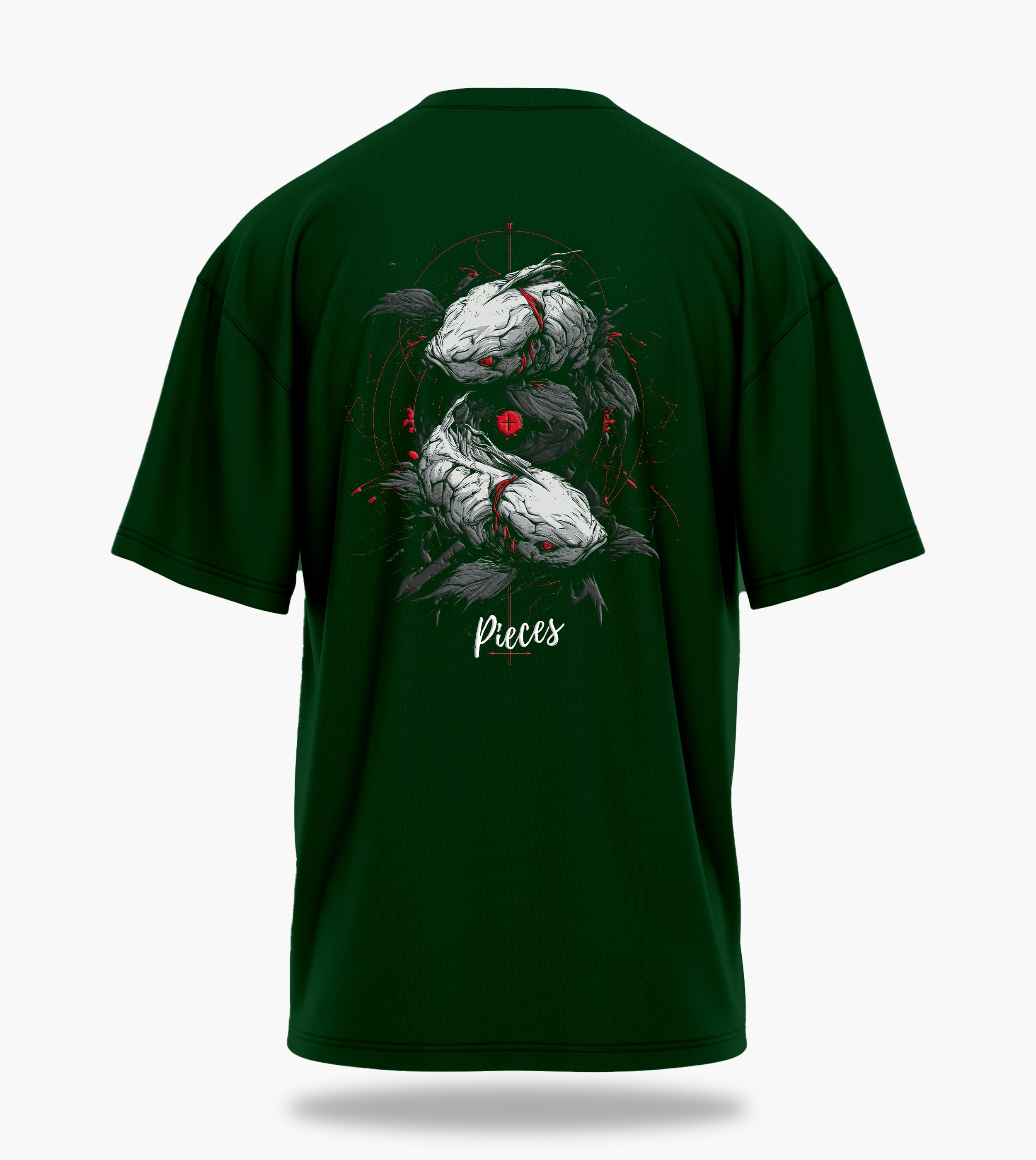 cosmic zodiac warrior pisces ov backprint graphic t-shirt, dark green, back view