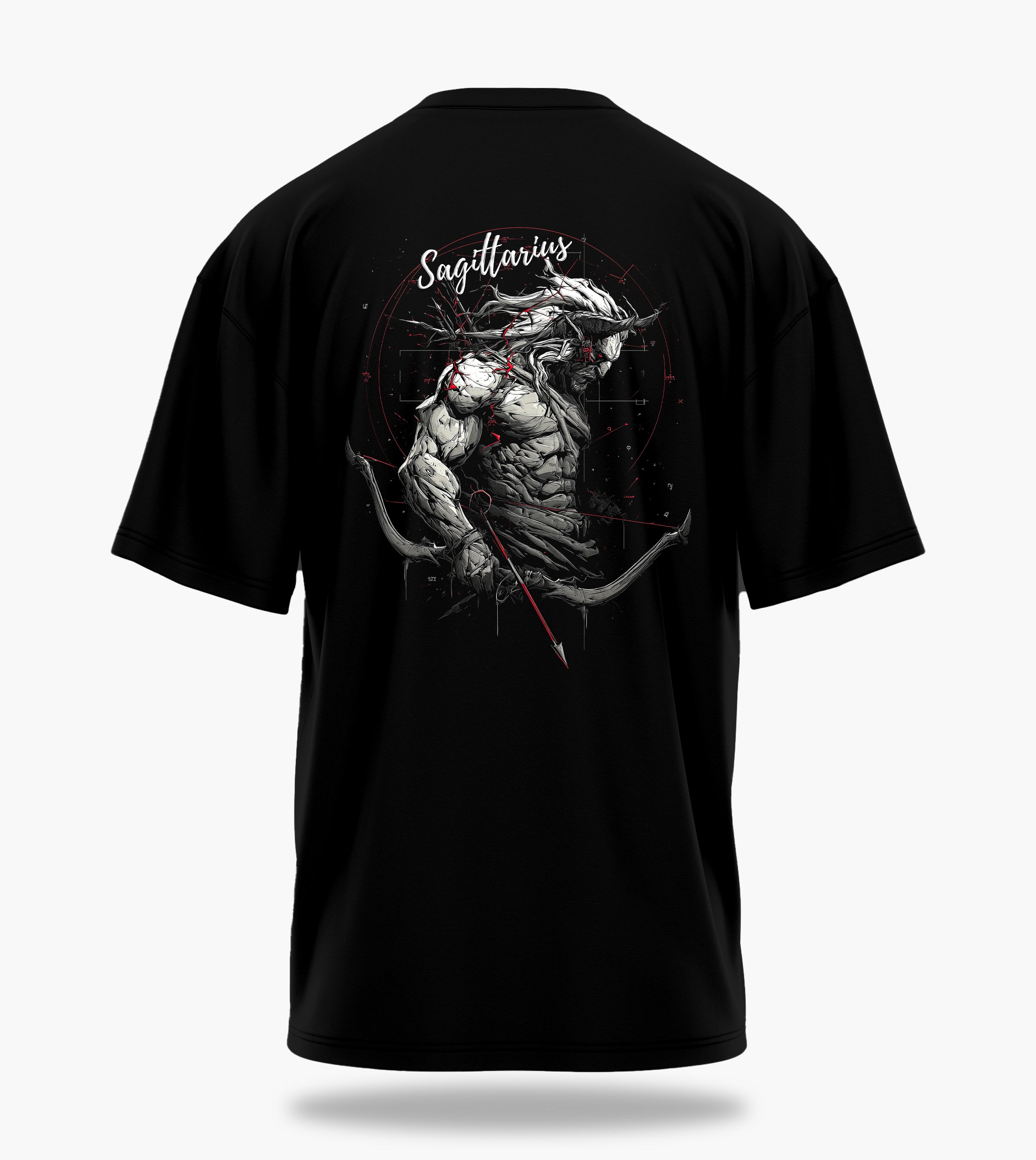 cosmic zodiac warrior sagittarius ov backprint graphic t-shirt, black, back view