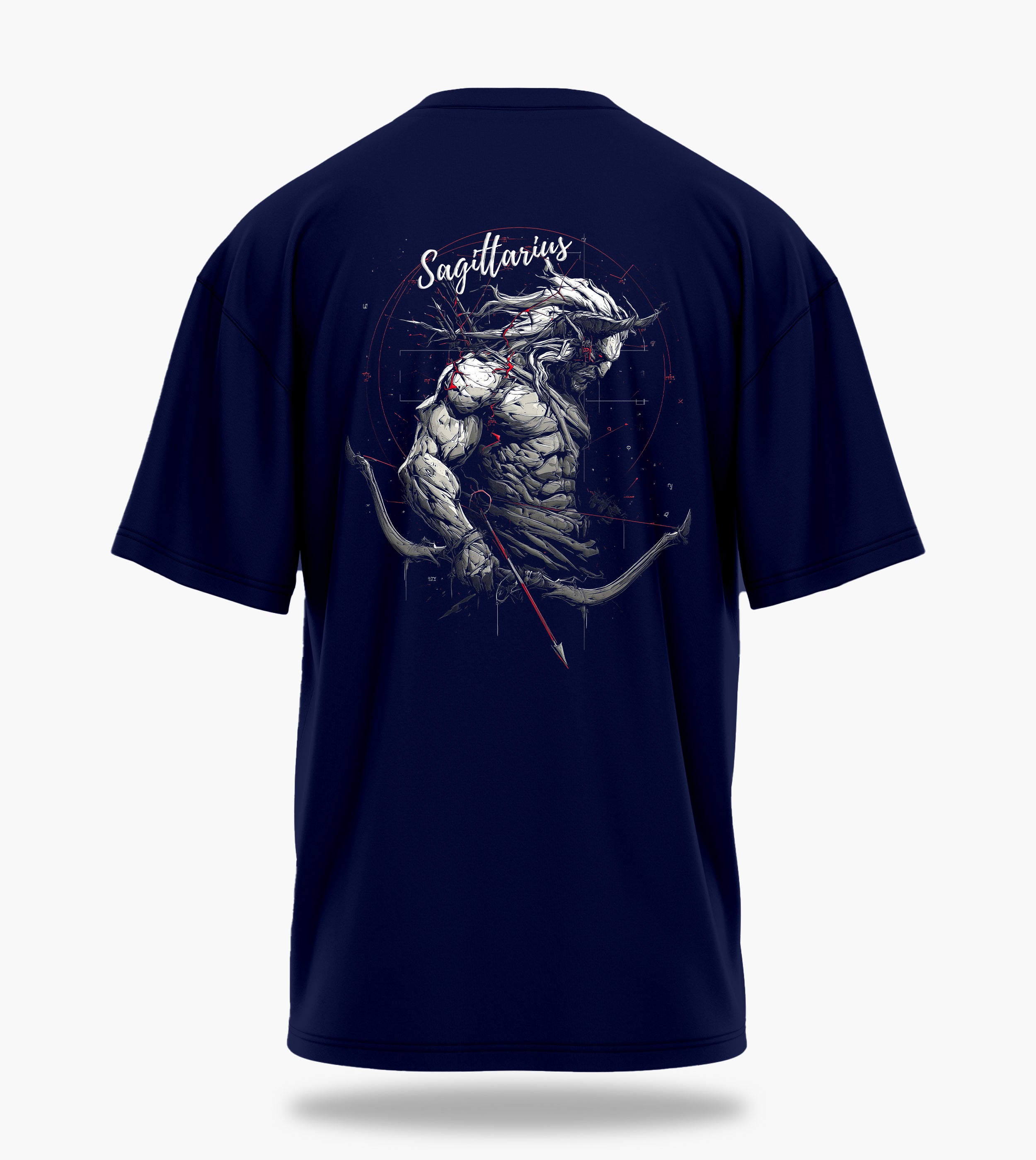 cosmic zodiac warrior sagittarius ov backprint graphic t-shirt, navy blue, back view