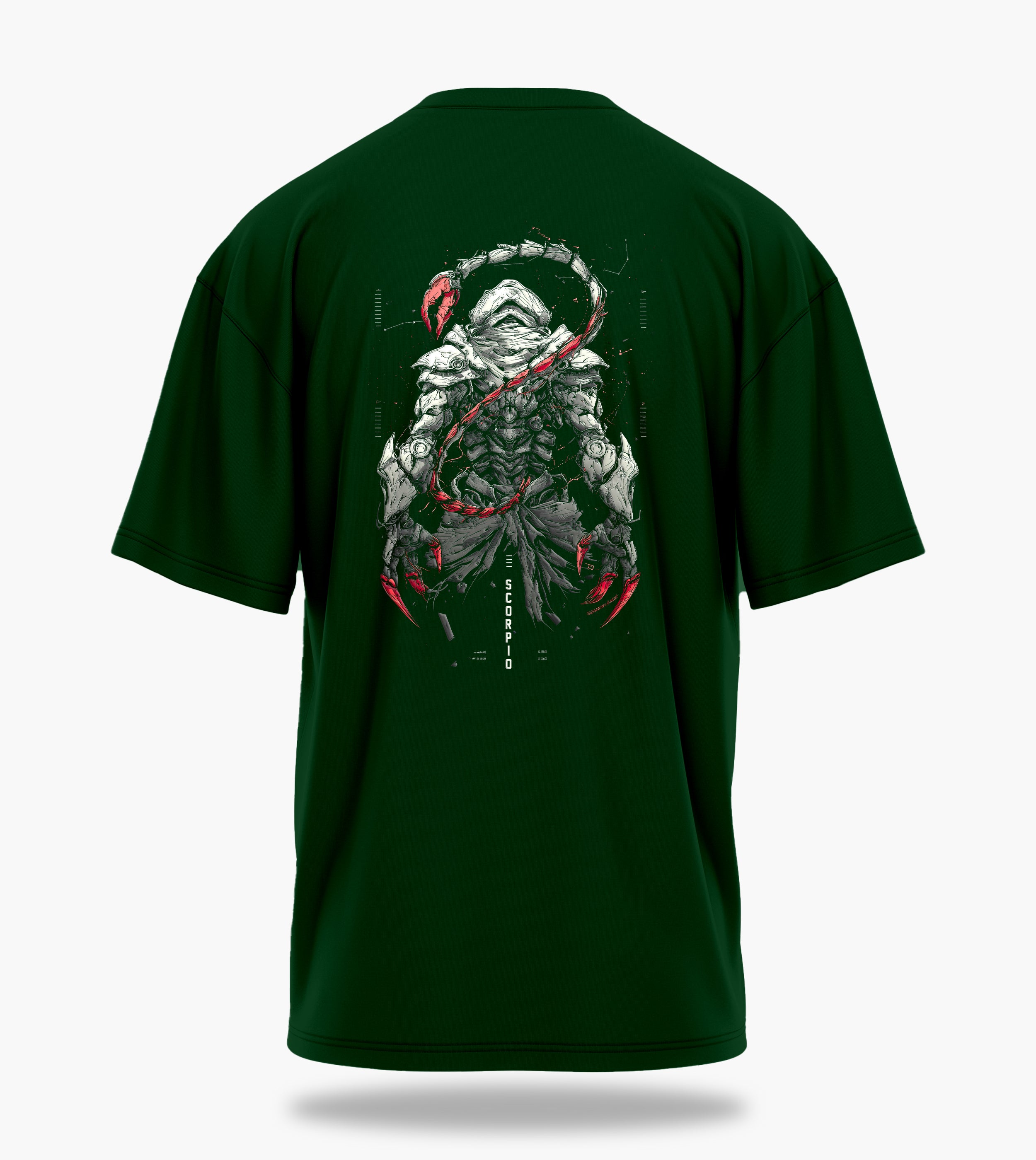 cosmic zodiac warrior scorpio ov backprint graphic t-shirt, dark green, back view