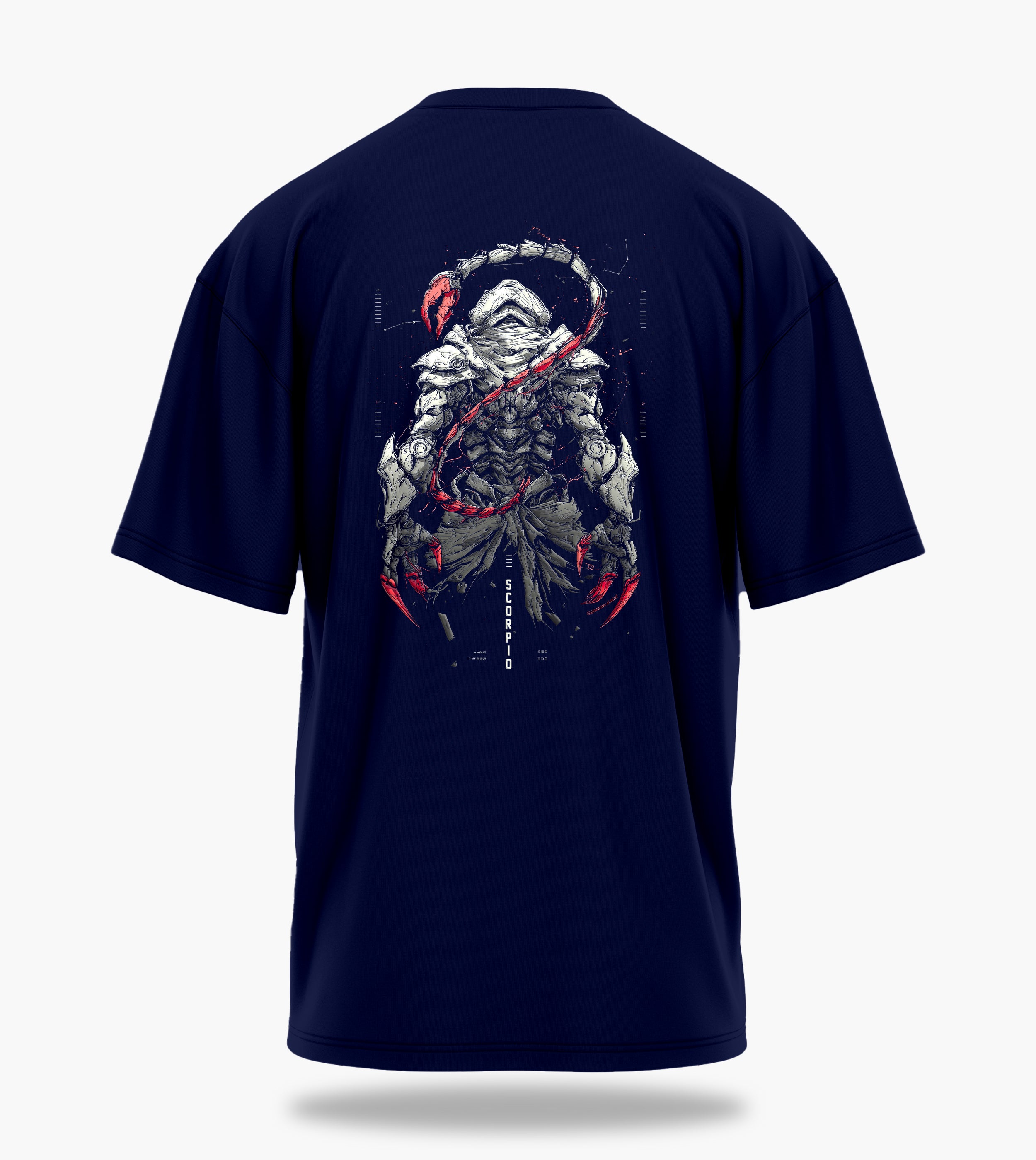 cosmic zodiac warrior scorpio ov backprint graphic t-shirt, navy blue, back view