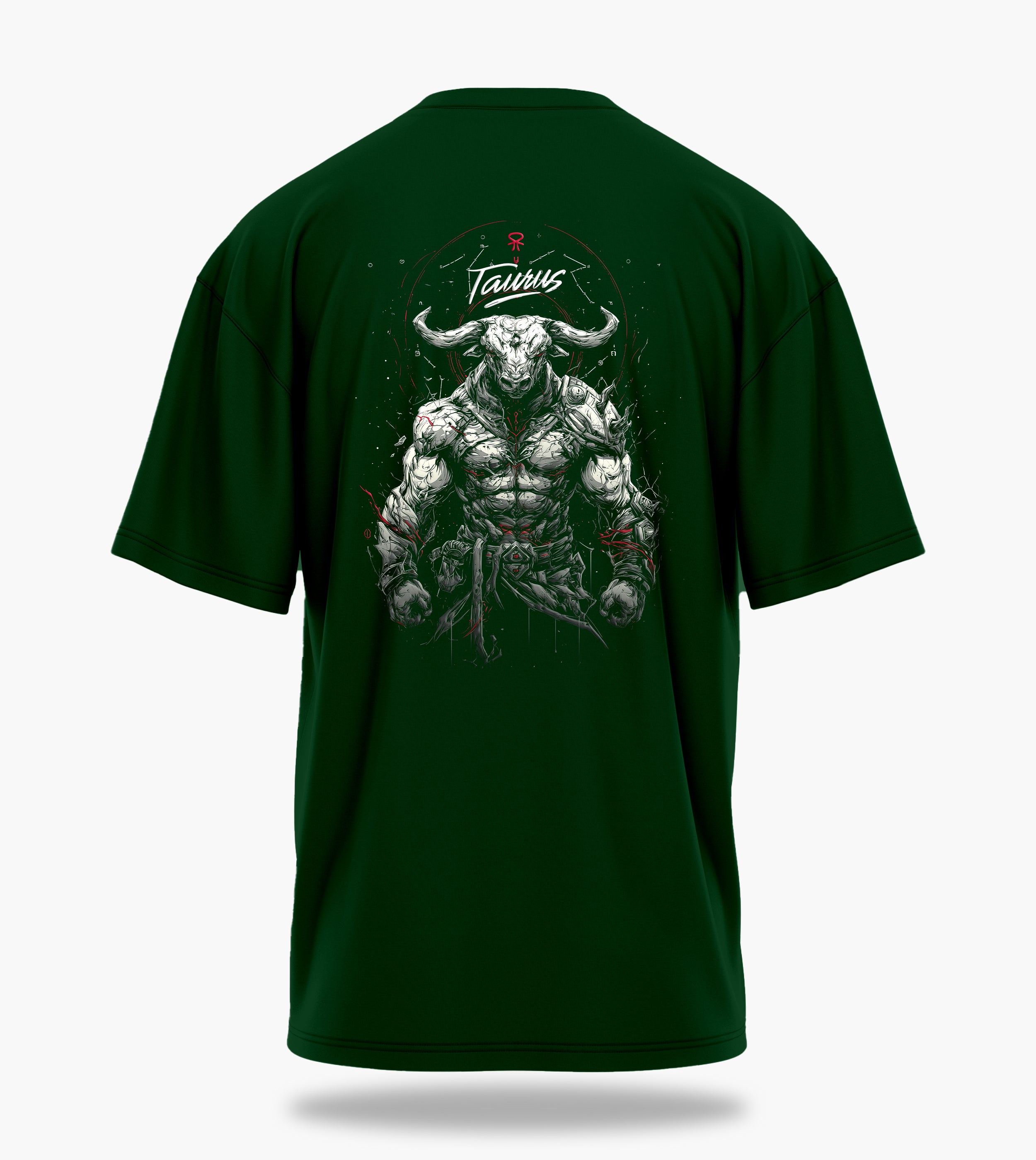 cosmic zodiac warrior taurus ov backprint graphic t-shirt, dark green, back view