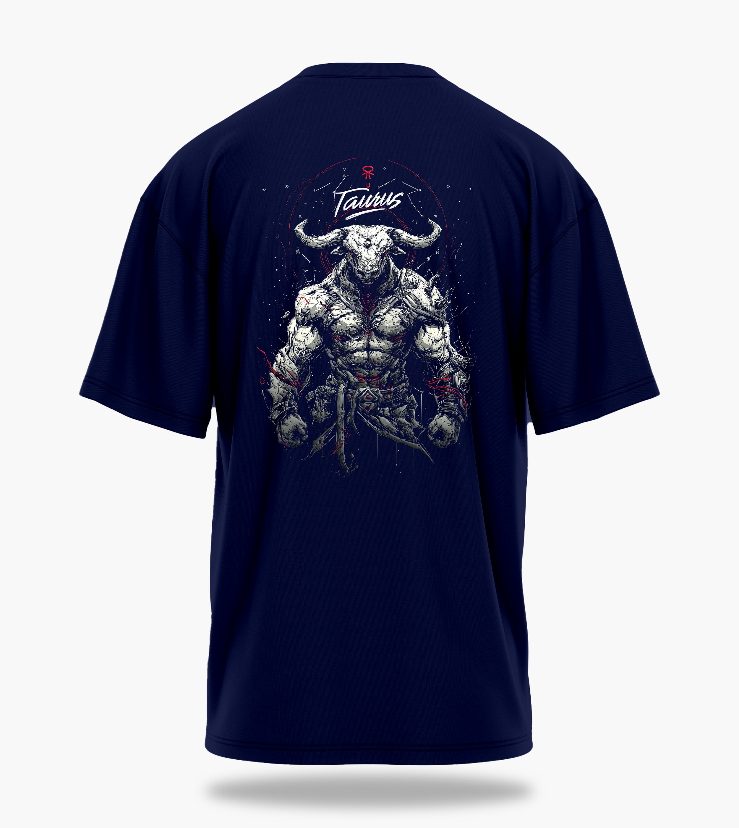 cosmic zodiac warrior taurus ov backprint graphic t-shirt, navy blue, back view