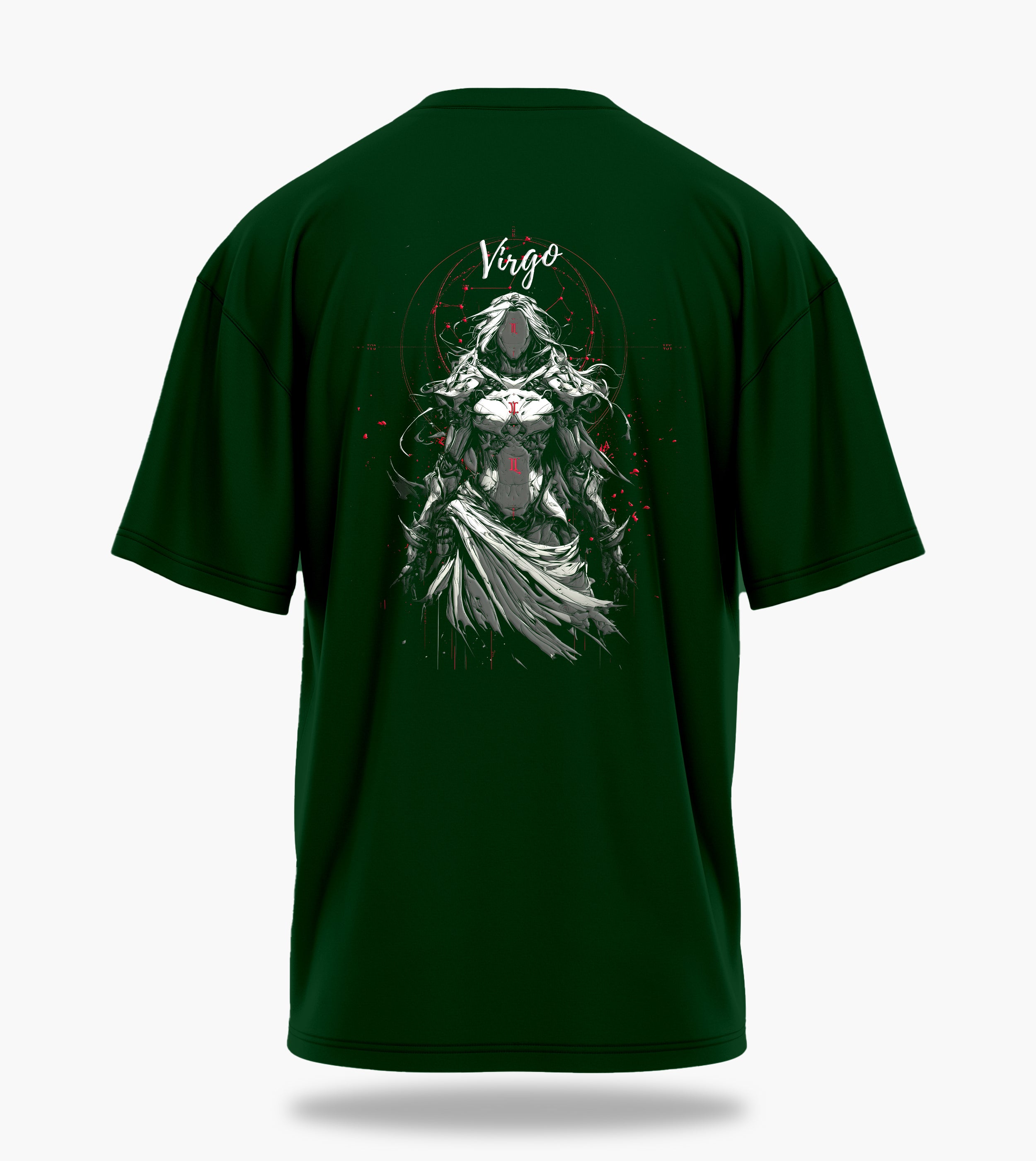 cosmic zodiac warrior virgo ov backprint graphic t-shirt, dark green, back view