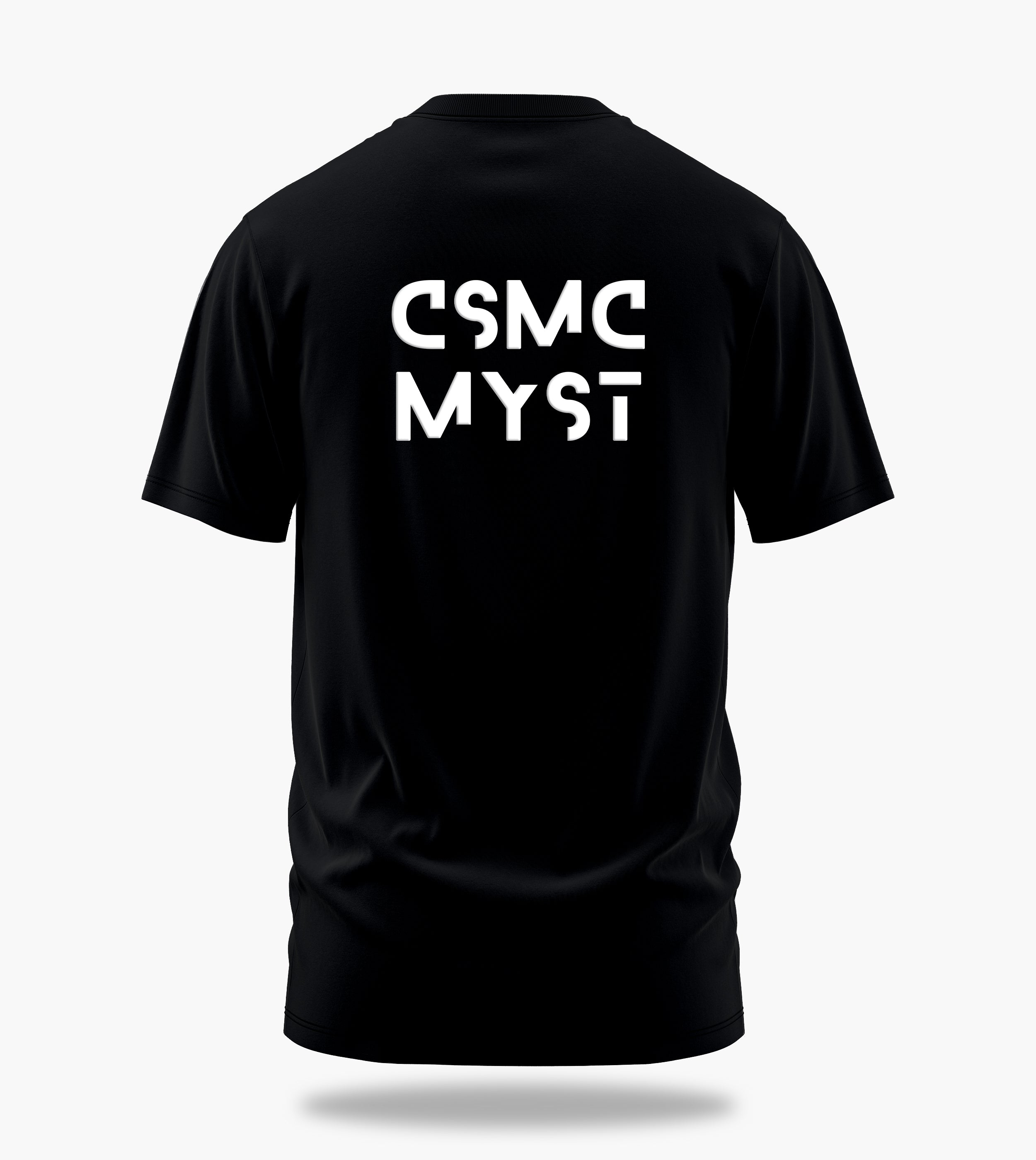 cosmic myst essentials alpha backprint graphic t-shirt, black, back view